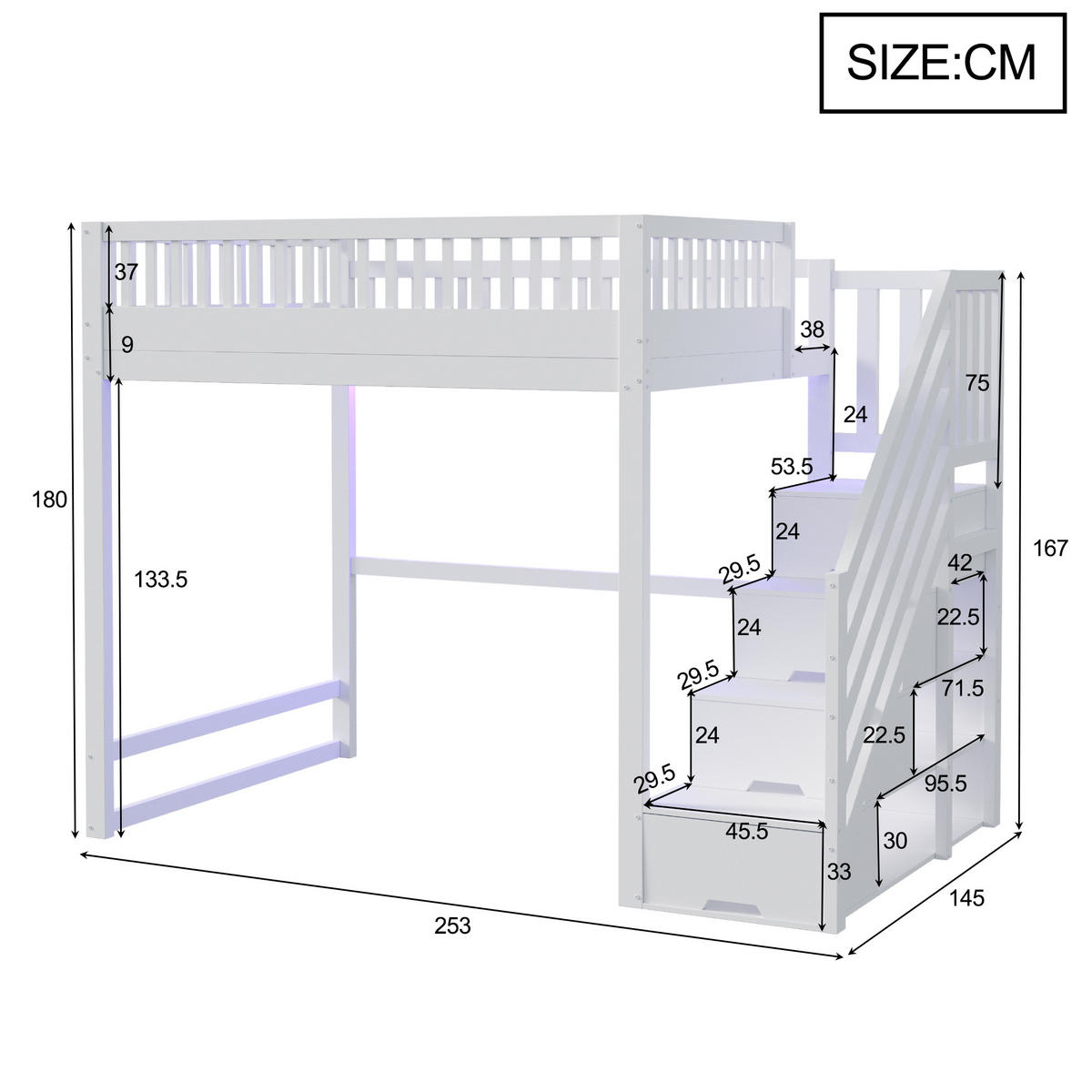 HOCHBETT 140/200 cm in Weiß mit Stauraumtreppe und LED - Weiß, Holz/Holzwerkstoff (140/200cm) - STILVORA