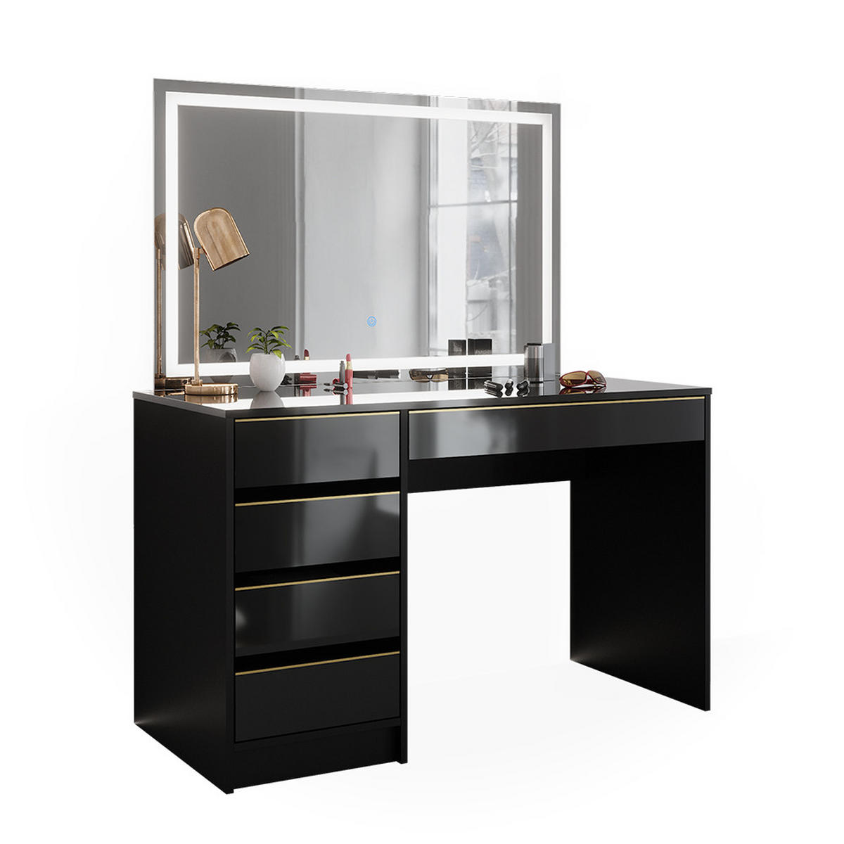 SCHMINKTISCH Sherry Schwarz/Gold 120 cm mit LED-Spiegel - Goldfarben/Schwarz, Holzwerkstoff (120/75/55cm) - Vicco