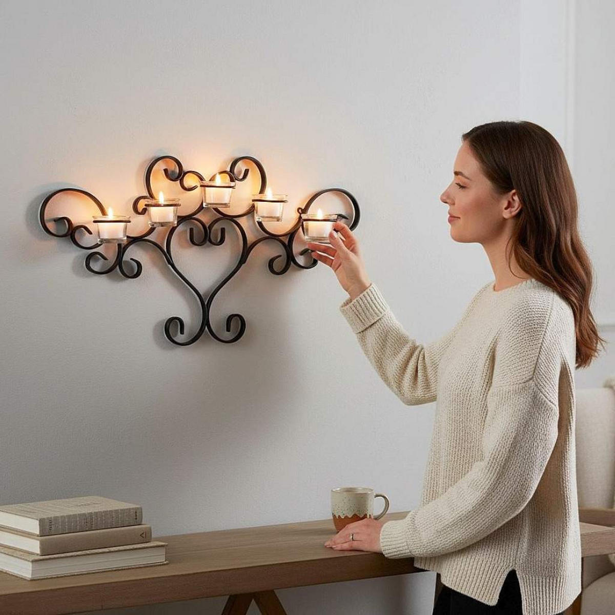 WANDTEELICHHALTER Metall Schwarz Wandkerzenhalter Teelichthalter 63cm - Schwarz, Metall (32cm) - DanDiBo