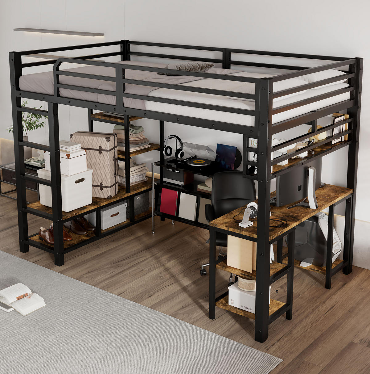 HOCHBETT 120/200 cm schwarz aus Metall und Holz mit Schreibtisch - Schwarz, Metall (120/200cm) - OKWISH