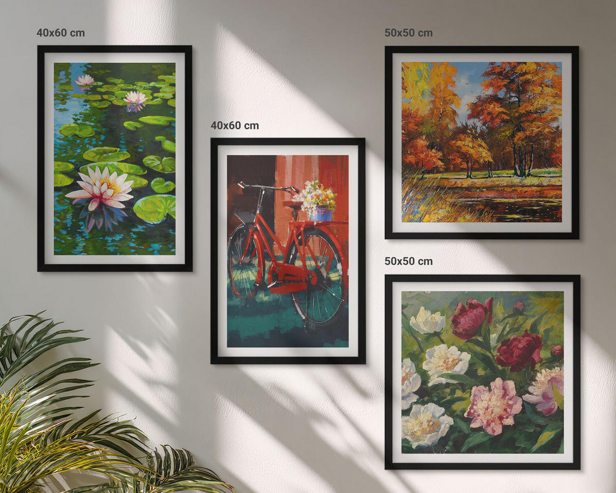 WANDBILDER 4er-Set - 50x50 cm & 40x60 cm Schwarzer Rahmen - Seerosen, Fahrradblumen - Schwarz, Kunststoff (50/50cm) - ArtPrintCave