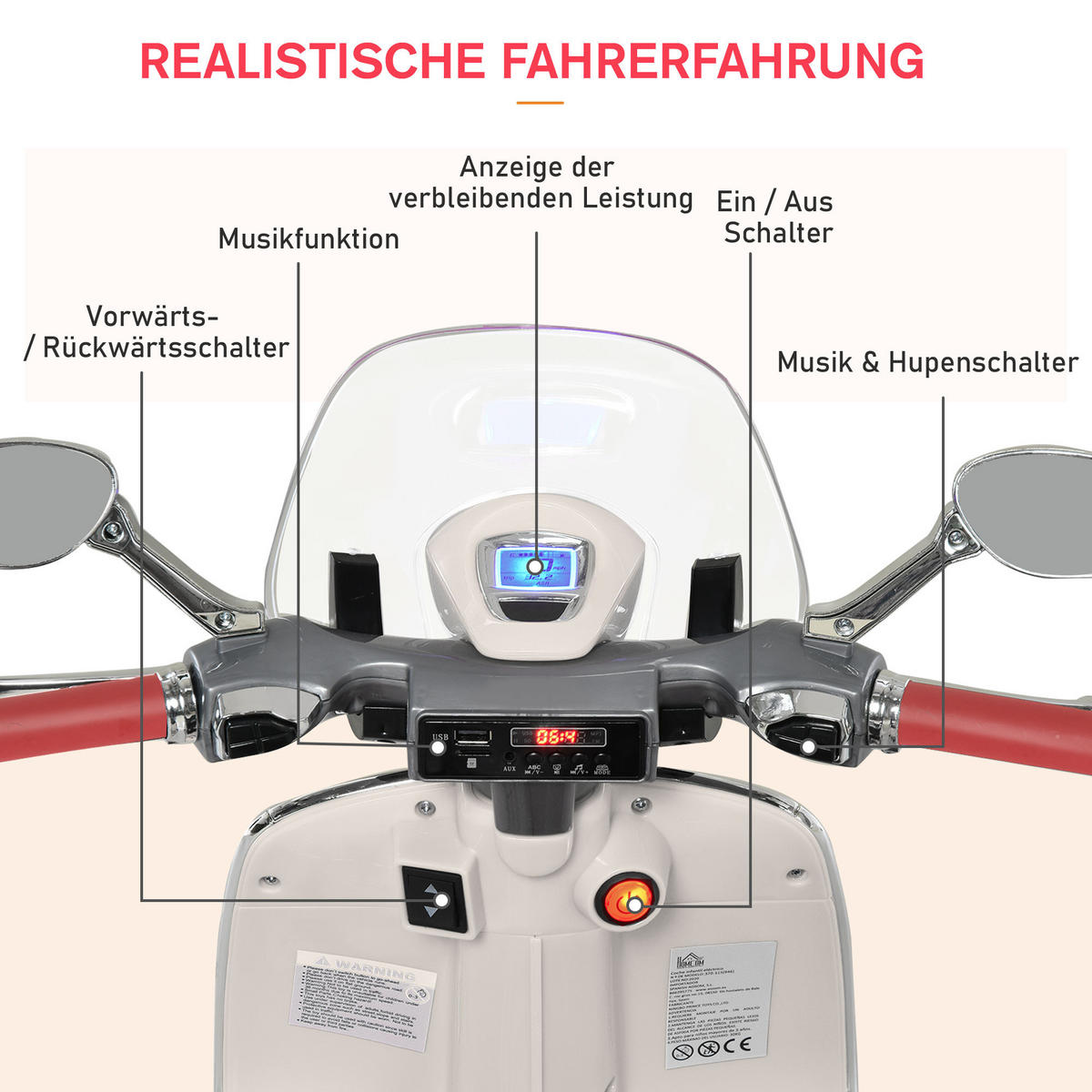 ELEKTRO KINDERMOTORRAD, Rot/Weiß, PP+ Stahl - Weiß, Kunststoff (108/49/75cm) - HOMCOM