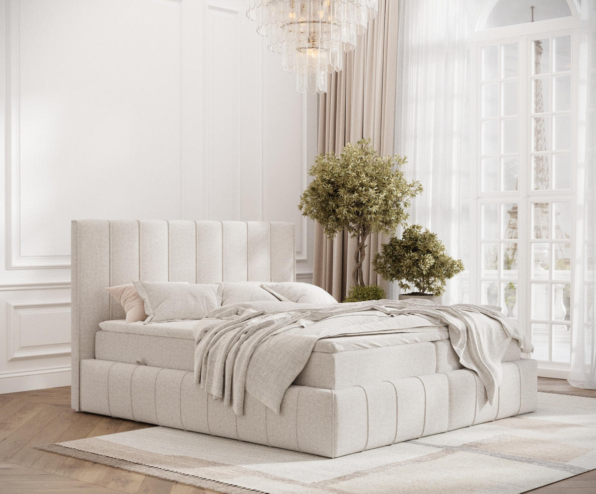 BOXBETT Moretti Hellbeige 160/200 cm mit Matratze und Topper - Beige/Schwarz, Holz/Holzwerkstoff (160/200cm) - Maison de Reve