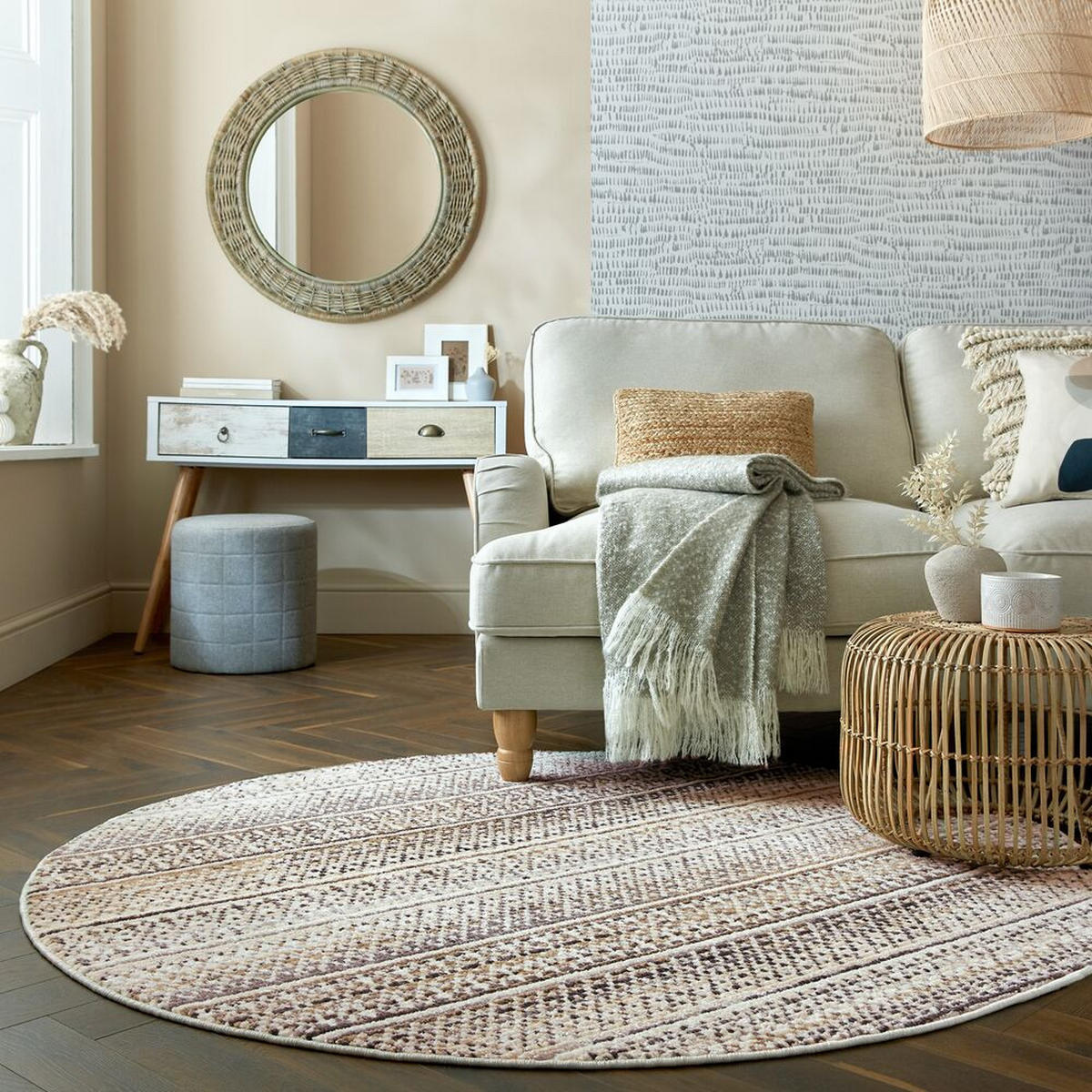 TEPPICH Streifen-Design, strapazierfähig PERRAN, Naturfarben 140x140 cm - Naturfarben, Textil (140/140cm) - KADIMA DESIGN
