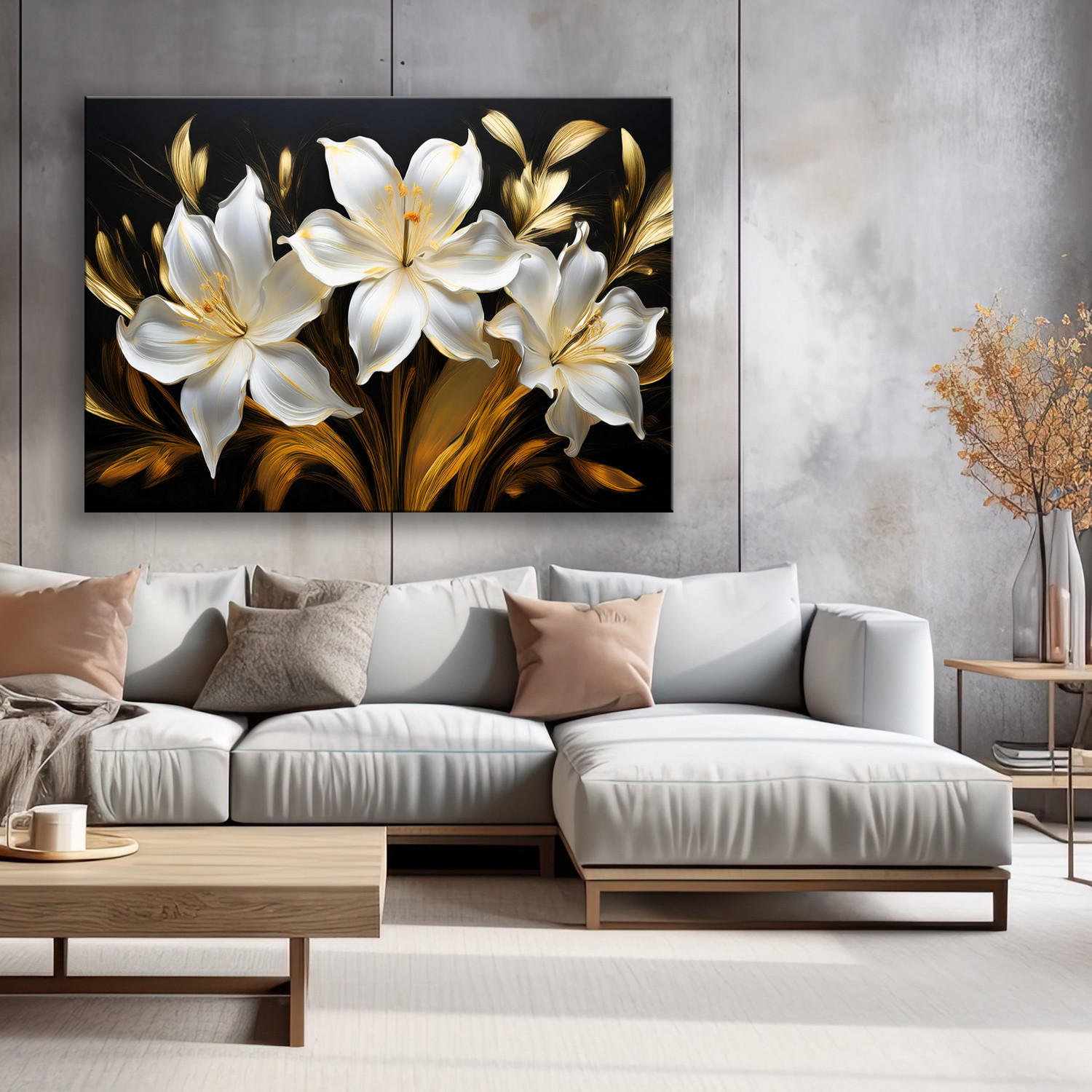WANDBILD abstrakte glamour weiße lilien blumen - Weiß, Textil (60/40cm) - Feeby