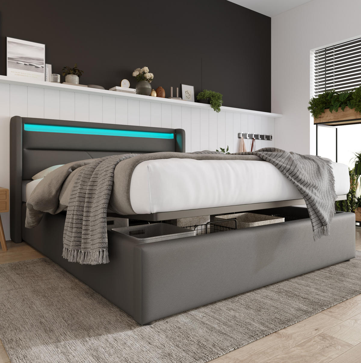 POLSTERBETT 140/200 cm Grau aus PU mit Bettkasten und LED-Beleuchtung - Grau, Kunststoff (140/200cm) - OKMYHOME