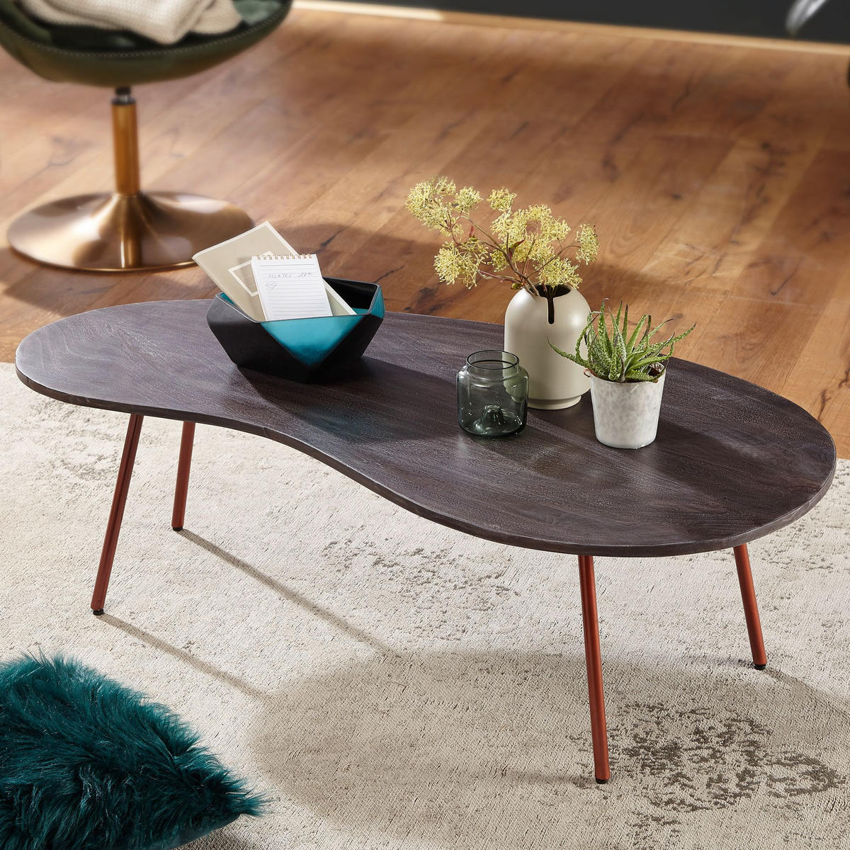 COUCHTISCH Retro-Stil mit Nierenform, Massivholz, Metallbeine, pflegeleichte Tischplatte, Beige 122x63x36 cm - Beige/Braun, Holz/Metall (63/122/36cm) - KADIMA DESIGN