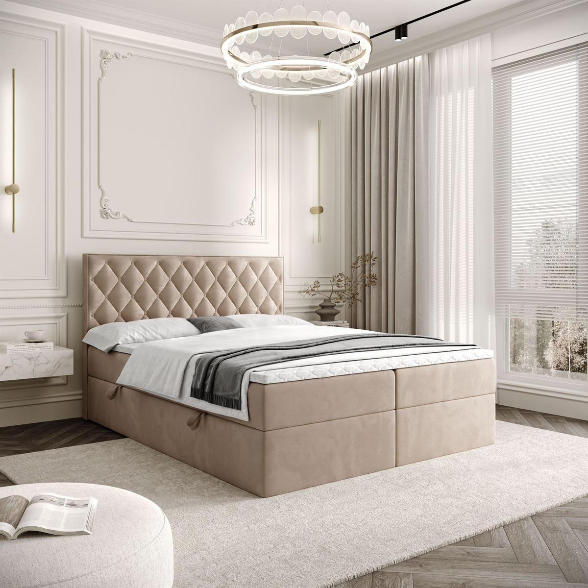 BOXBETT INEZ mit Bettkasten mit Topper 180x200 cm Royal Velvet 170 - Beige, Textil - Lookway