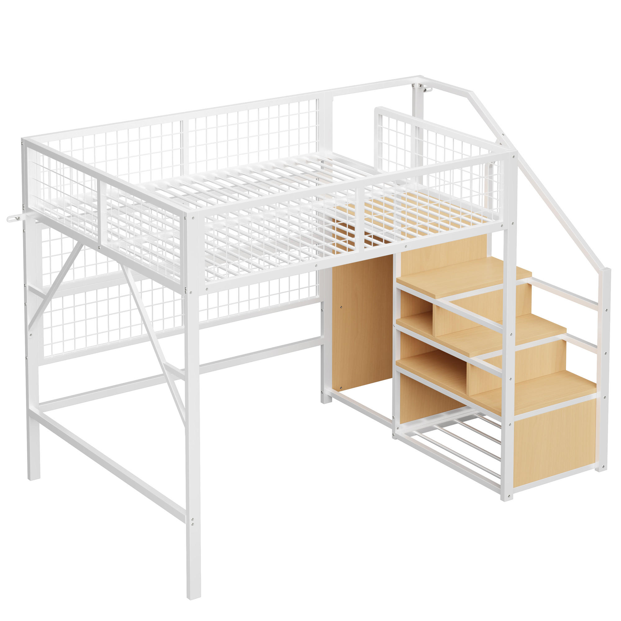 HOCHBETT 140/200 cm DE-01390, in Weiß, mit LED-App und Stauraumtreppe - Weiß, Metall (140/200cm) - ComfortXL