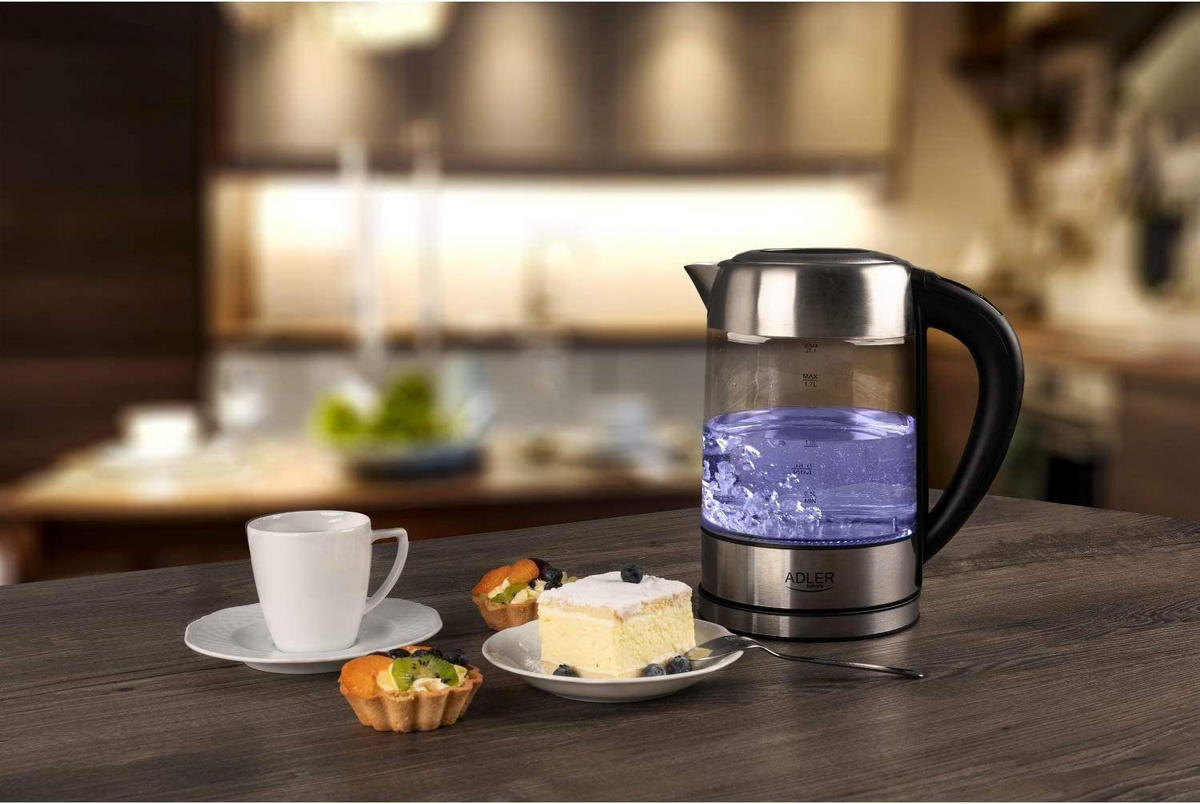 WASSERKOCHER AD1247 1,7L 2200W Glas Edelstahl – Temperaturwahl 60–100°C, LED Farbwechsel, Warmhaltefunktion, Antikalkfilter, BPA-frei, 360° Basis - Transparent/Silberfarben, Kunststoff/Metall (22/25/17cm) - Adler