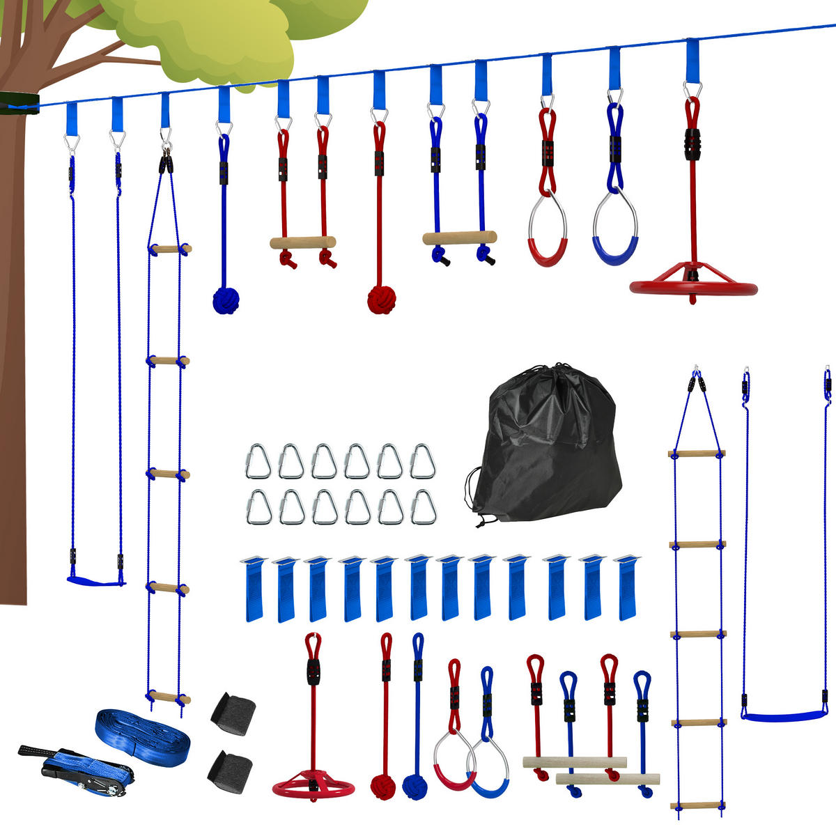 NINJA Warrior Hindernisparcours für Kinder 10 m Ninja Slackline Kit Blau - Blau, Kunststoff (5/1000cm) - AIYAPLAY