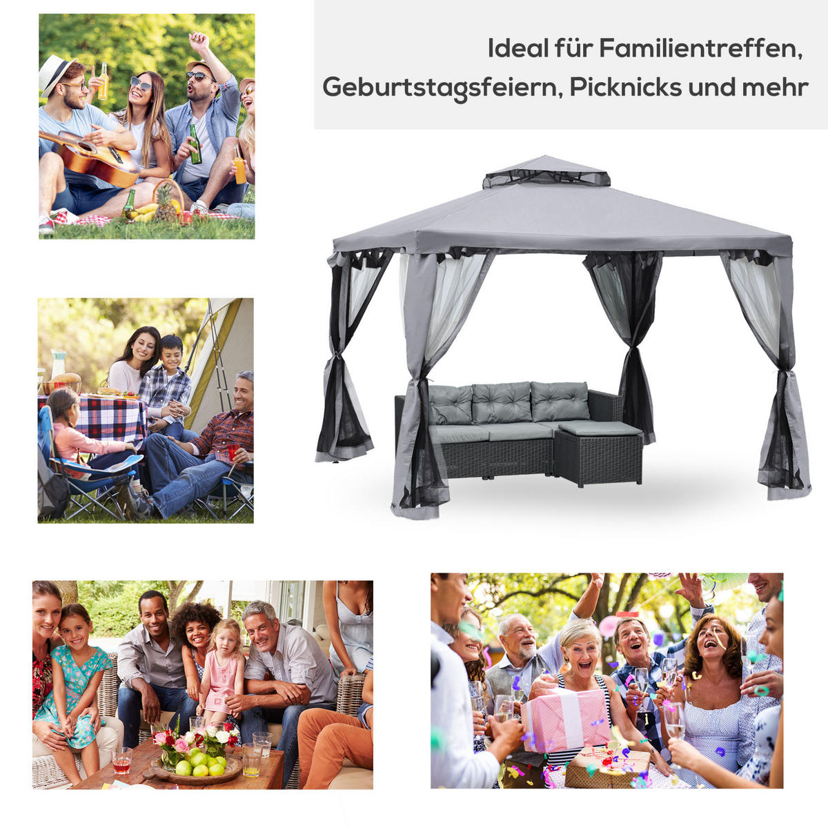 PAVILLONS aus Polyester 294x294x265 cm in Grau mit 4 Seitenteilen - Grau, Textil (294/265/294cm) - Modfu