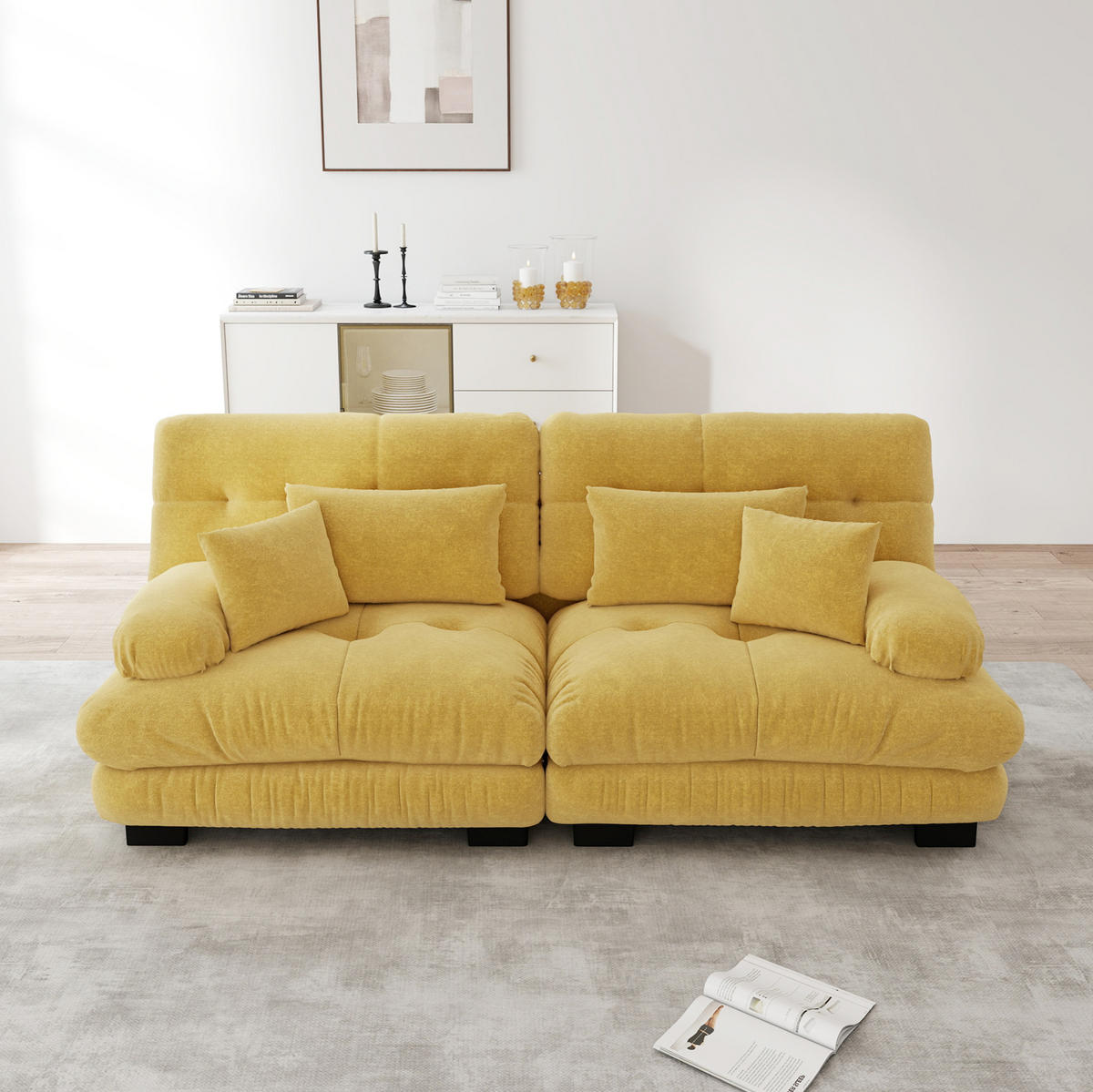 ECKSOFA 220/77/81 cm gelb aus Chenille mit modularem Design und Kissen - Gelb, Textil (77/220cm) - OKWISH