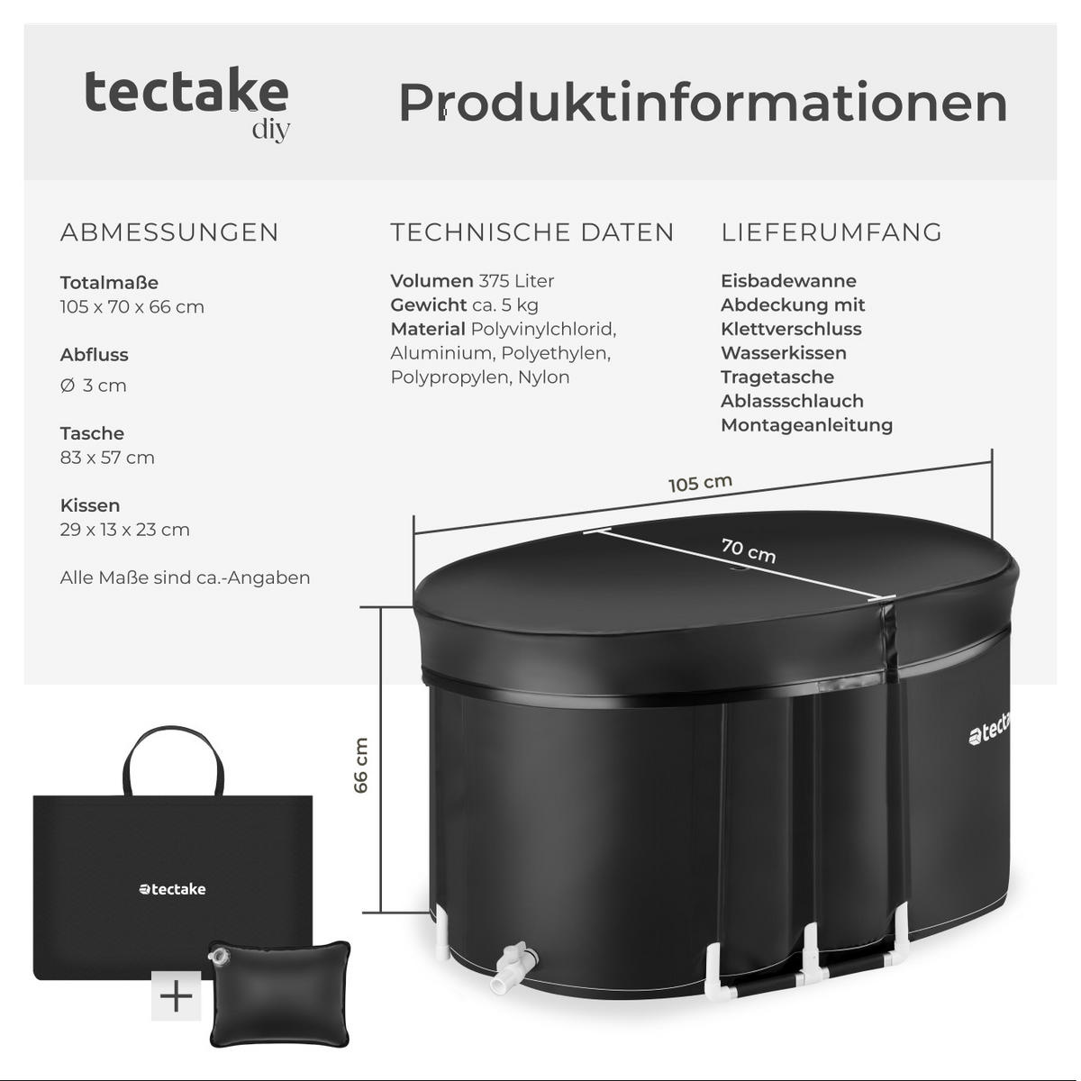 EISBADEWANNE Espoo,inkl. Tragetasche und Wasserkissen,schwarz - Schwarz, Kunststoff (105/66/70cm) - tectake
