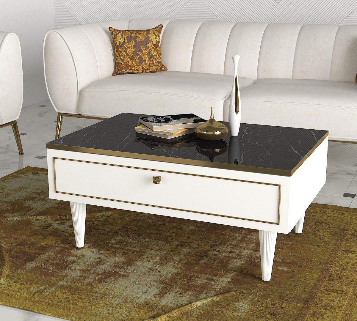 COUCHTISCH Ravenna Weiß Marmor Optik - Goldfarben/Weiß, Holzwerkstoff/Kunststoff (60/90/42cm) - moebel17