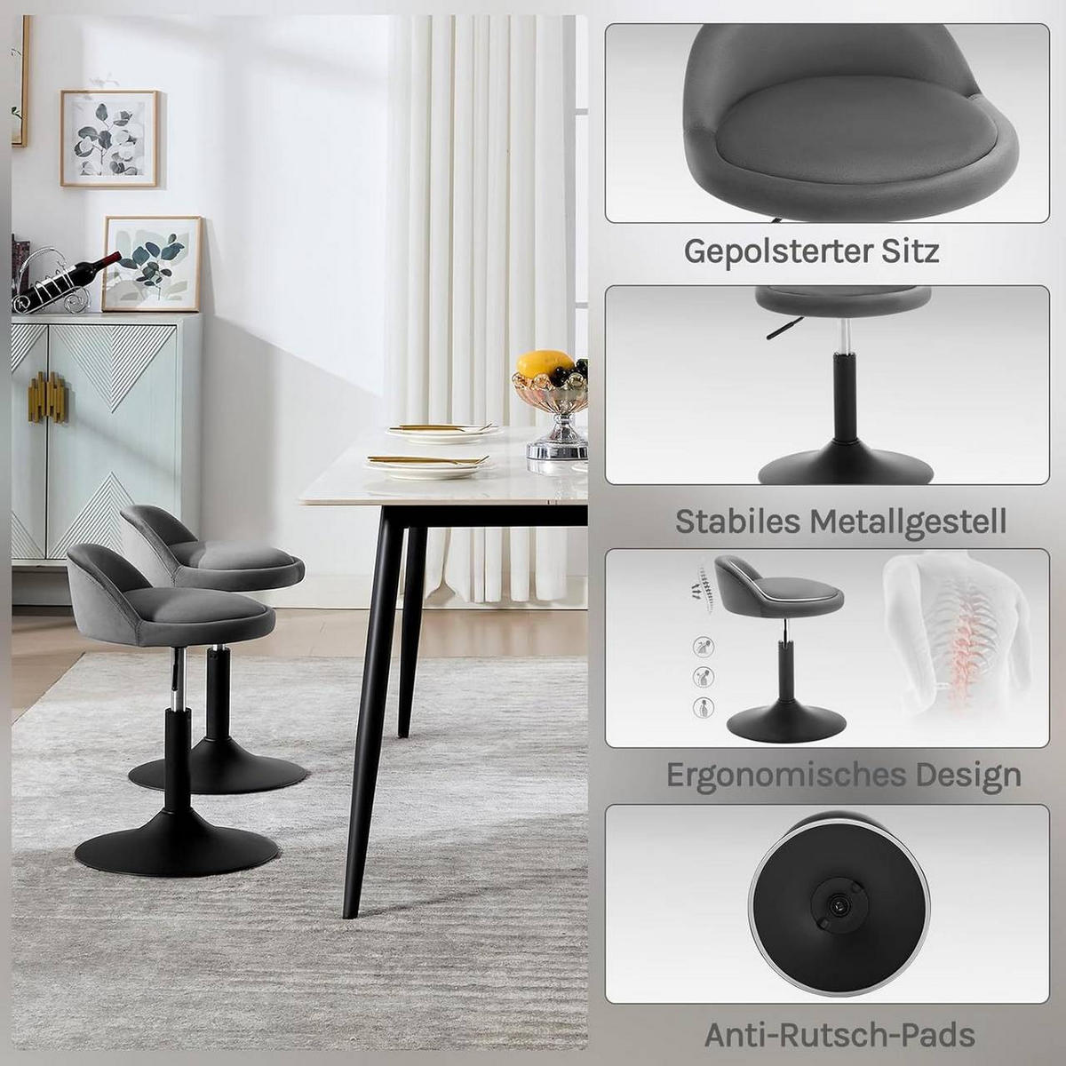 BARHOCKER 2er Set, Samt, Dunkelgrau+Schwarz - Dunkelgrau/Schwarz, Textil/Metall (38.5/49.5/43cm) - Woltu