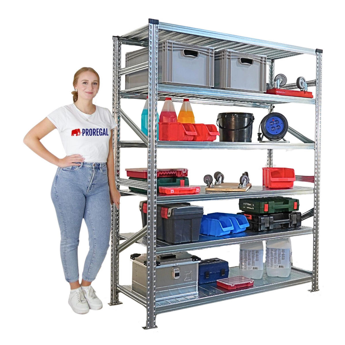 FACHBODENREGAL Proximo Stecksystem 210x300x60cm 6 Ebenen Beidseitig nutzbar Verzinkt - Silberfarben, Metall (300/210/60cm) - PROREGAL