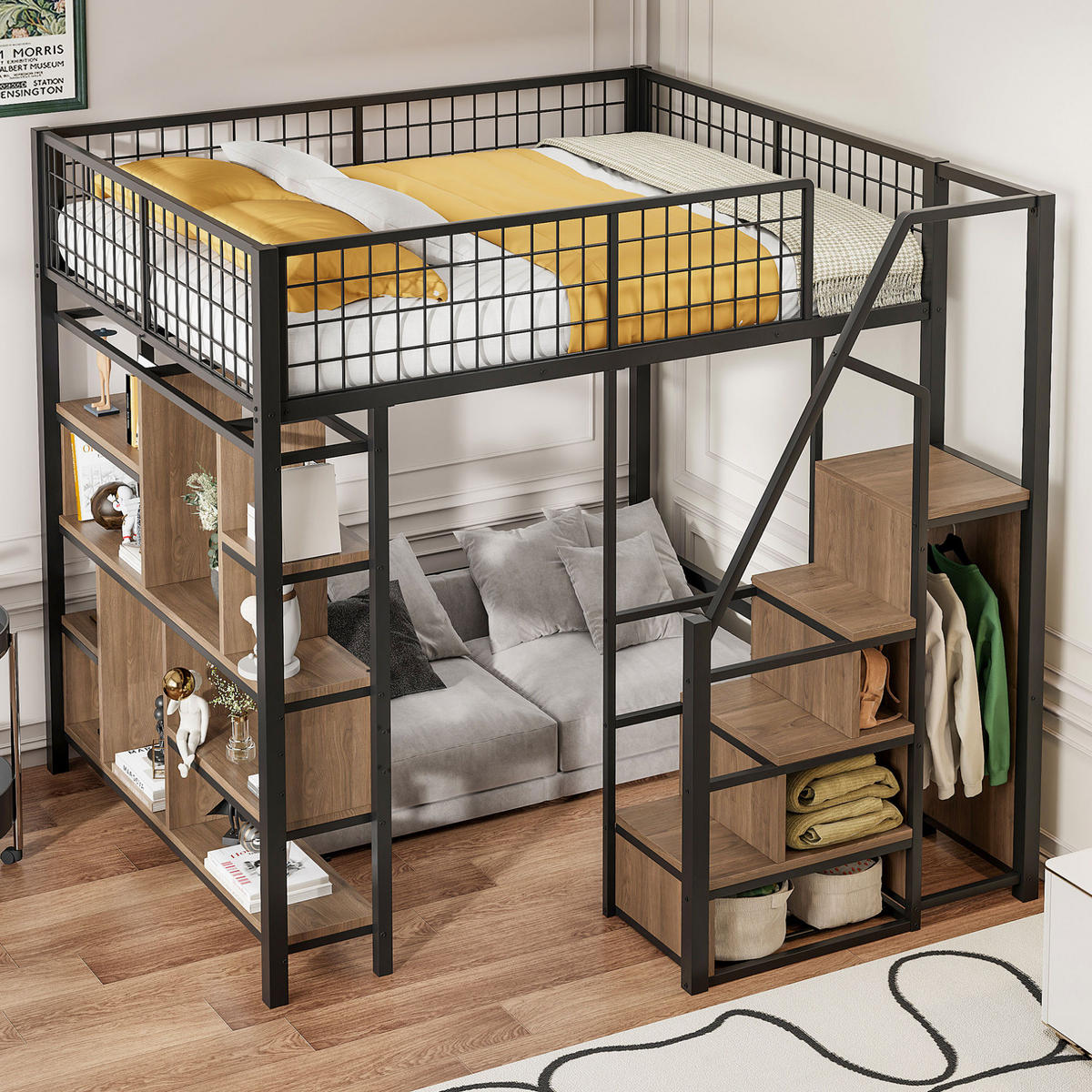 HOCHBETT 140/200 cm Schwarz aus Metall und Holz mit Stauraumtreppe - Schwarz, Metall (140/200cm) - OKMYHOME