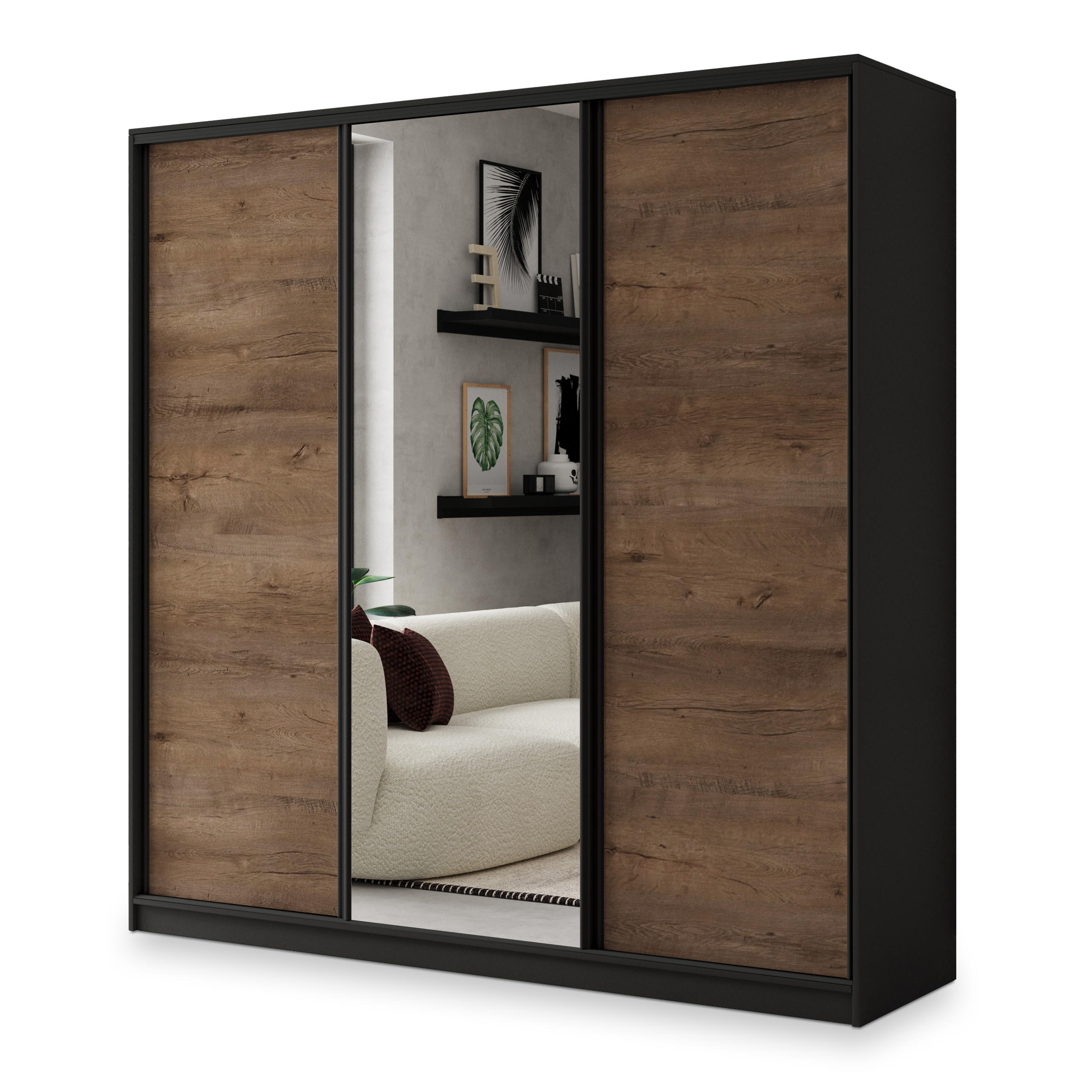 SCHWEBETÜRENSCHRANK SORE 180/205/58 cm 3-türig mit Spiegel und Schubladen Schwarz / Eiche Lefkas - Eichefarben/Schwarz, Holzwerkstoff (180/205/58cm) - MASSENO