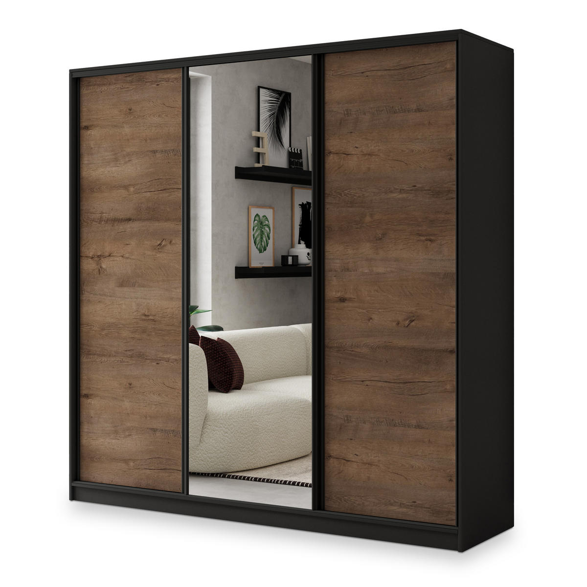 SCHWEBETÜRENSCHRANK SORE 180/205/58 cm 3-türig mit Spiegel und Schubladen Schwarz / Eiche Lefkas - Eichefarben/Schwarz, Holzwerkstoff (180/205/58cm) - MASSENO