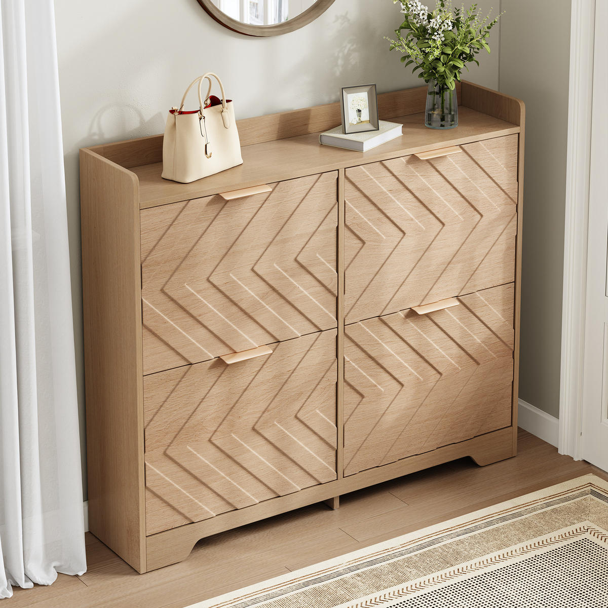 SCHUHSCHRANK 4 Klappen 3D Front mit Ablage - Naturfarben, Holz (105/90/24cm) - LEBENLANG