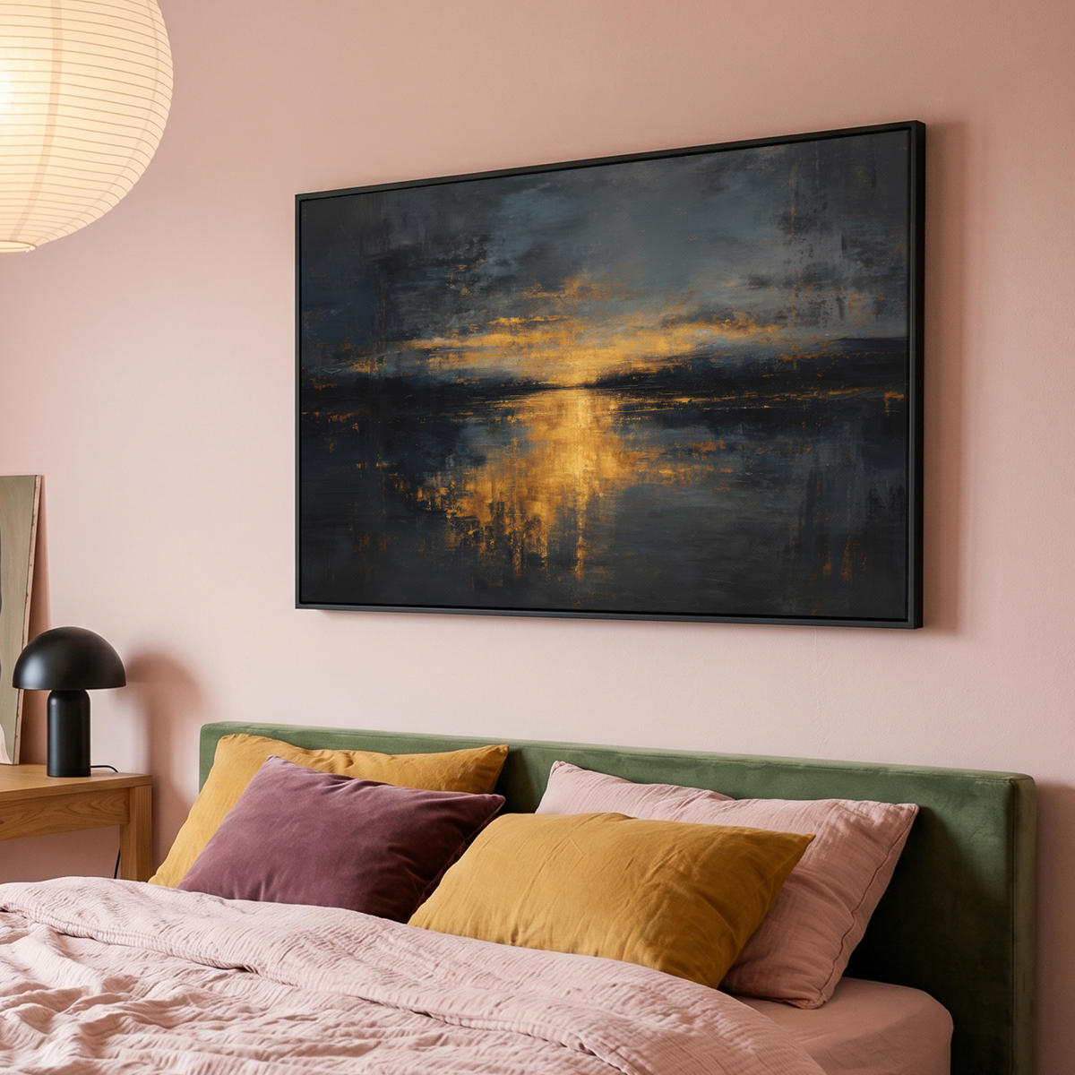 LEINWAND Bilder mit Rahmen - Goldene Reflexion auf dem Wasser - 150x100 - Anthrazit, Textil (150/100cm) - MuchoWow