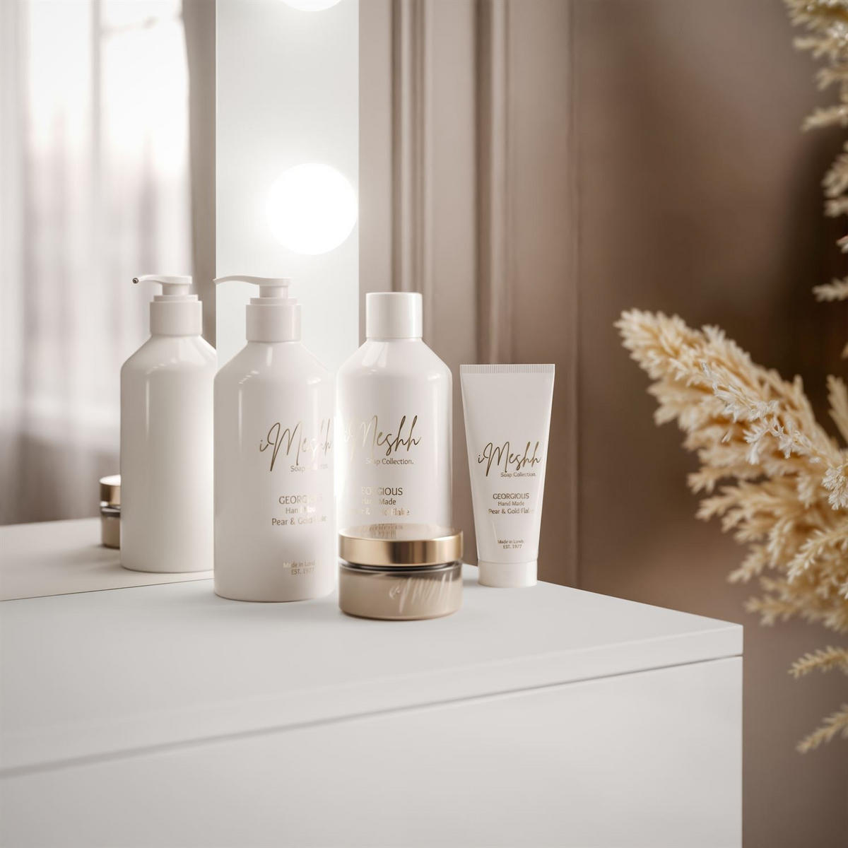 SCHMINKTISCH BLANCO mit Spiegel und Beleuchtung Gold Chrom Weiß Hochglanz PUSH OPEN - Weiß Hochglanz/Goldfarben, Holzwerkstoff (100/146/42cm) - Lookway