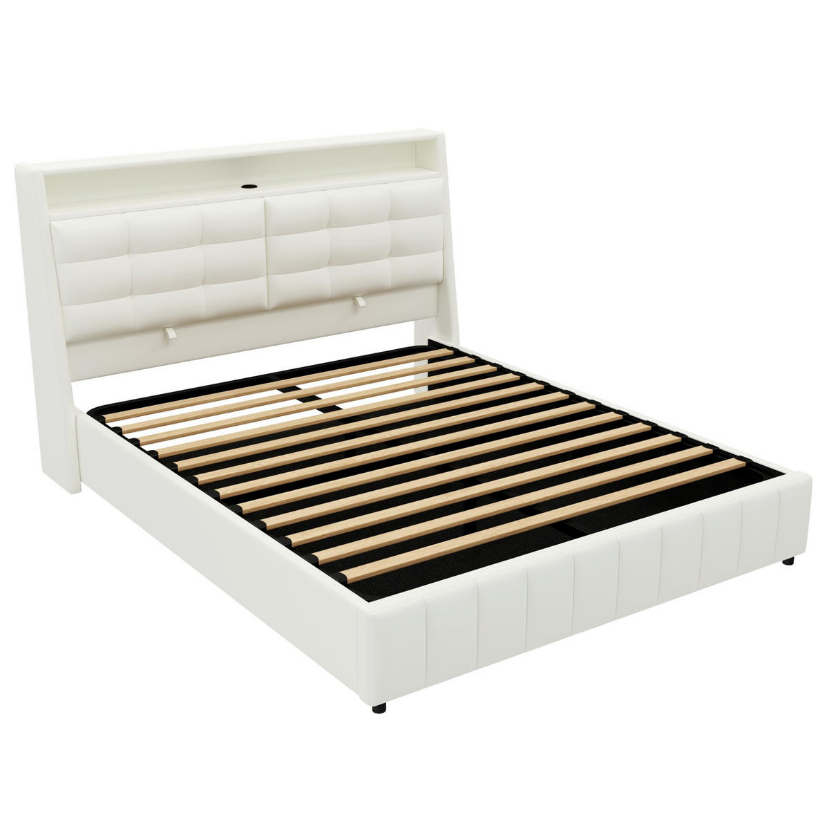 POLSTERBETT 160/200 cm mit LED-Beleuchtung, USB-Anschluss, Stauraum und verstellbarem Kopfteil, Weiß - Weiß, Holzwerkstoff (160/200cm) - Redom