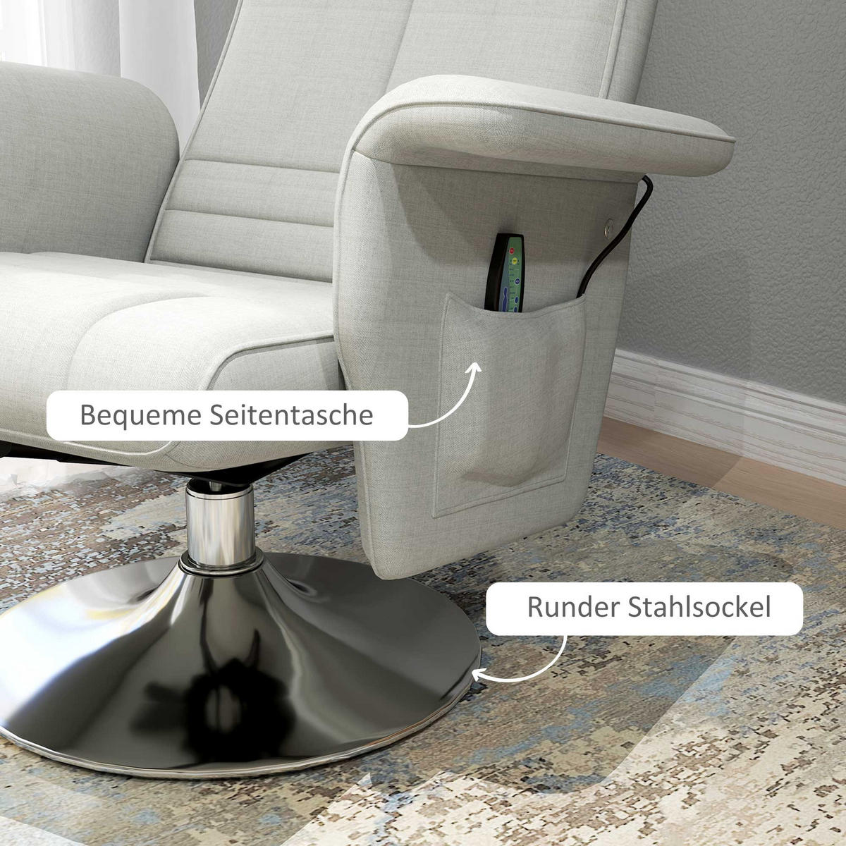 MASSAGESESSEL mit Fußhocker, elektrischer Relaxsessel mit Liegefunktion Creme - Silberfarben/Creme, Textil/Metall (95/88/78cm) - HOMCOM