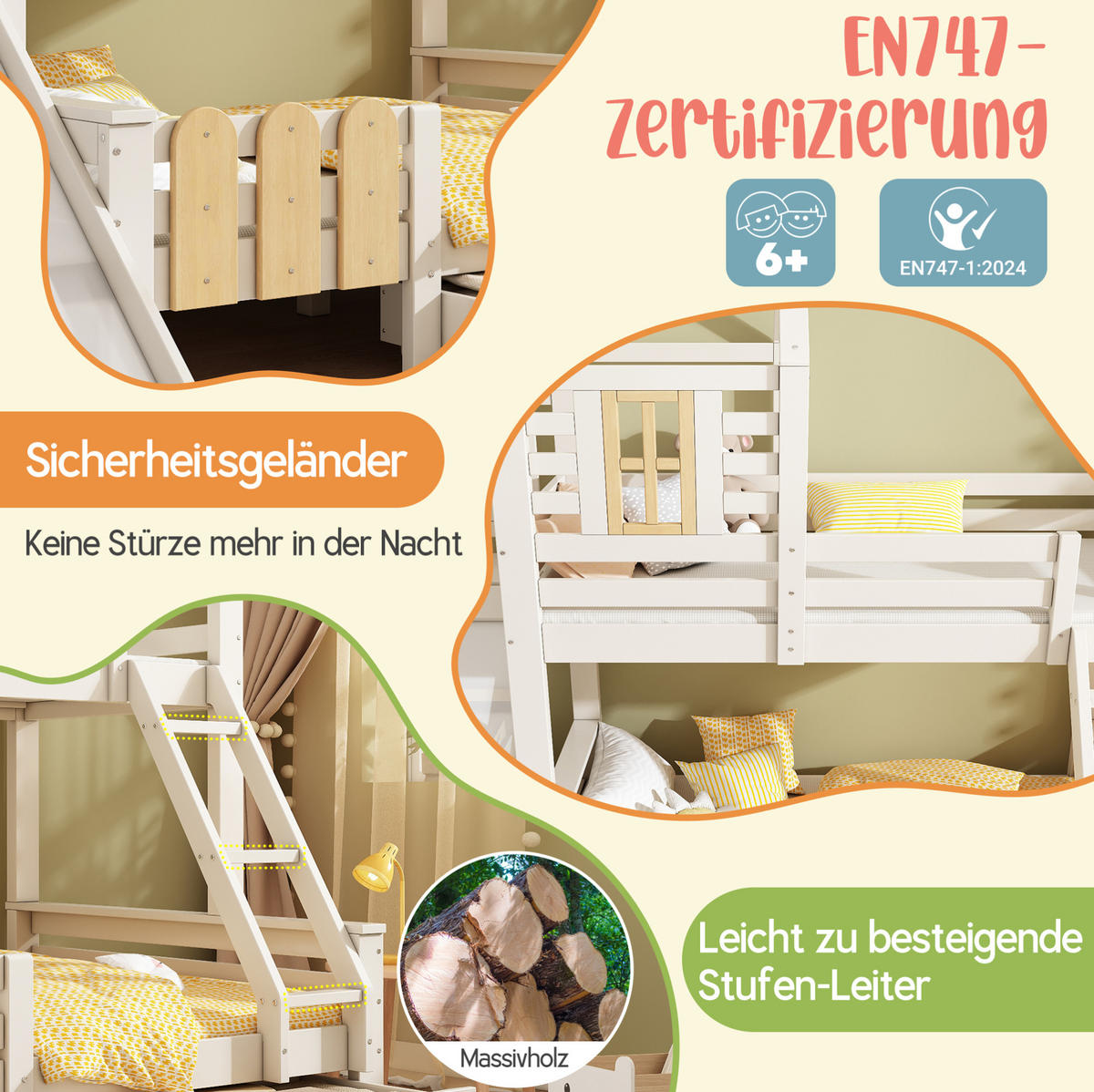 ETAGENBETT 90/140/200 cm mit Rutsche, Leiter und Schublade, Blockhaus-Optik und Metall, Weiß/Natur - Weiß, Metall (90/200cm) - Redom