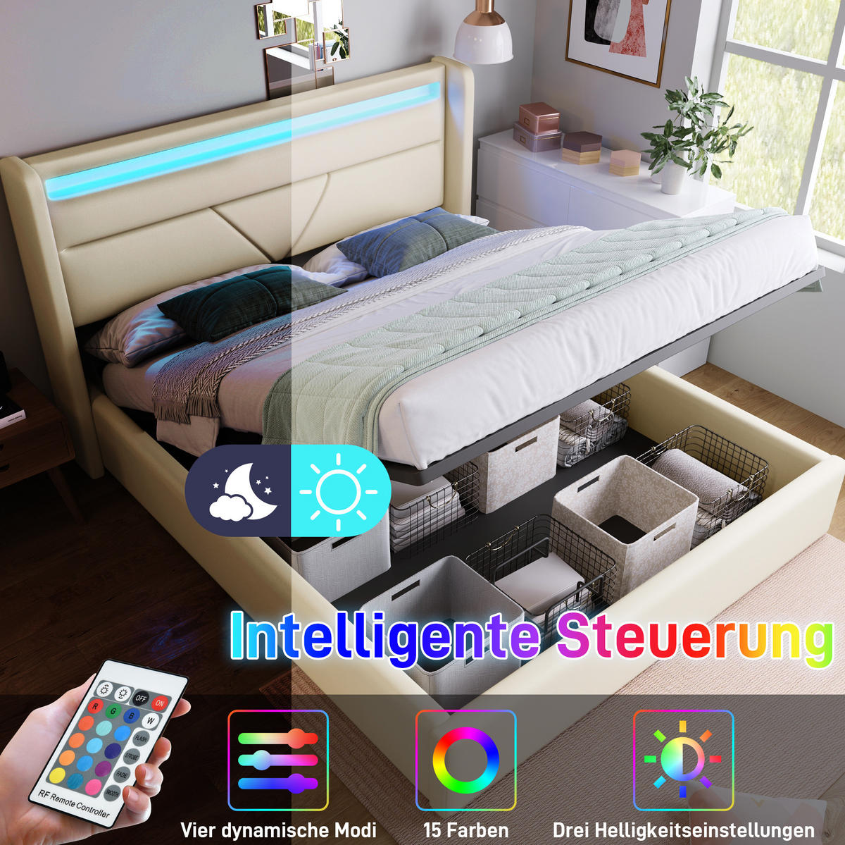 POLSTERBETT 140/200 cm Weiß aus PU mit LED-Beleuchtung und Bettkasten - Weiß, Kunststoff (140/200cm) - OKMYHOME