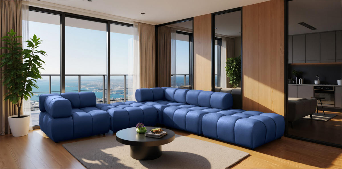 ECKSOFA Corner Modular, Veloursstoff Bluvel, Tintenblau, Rechts, Bolla - Blau, Holz (288/288cm) - Kaiser Möbel