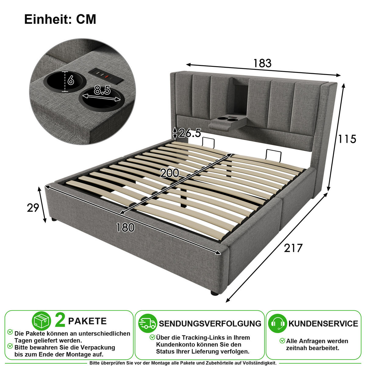 POLSTERBETT 180/200 cm in Grau Leinen mit Stauraum, USB, Type-C und Becherhalter - Grau, Holzwerkstoff/Textil (180/200cm) - CHICFURN