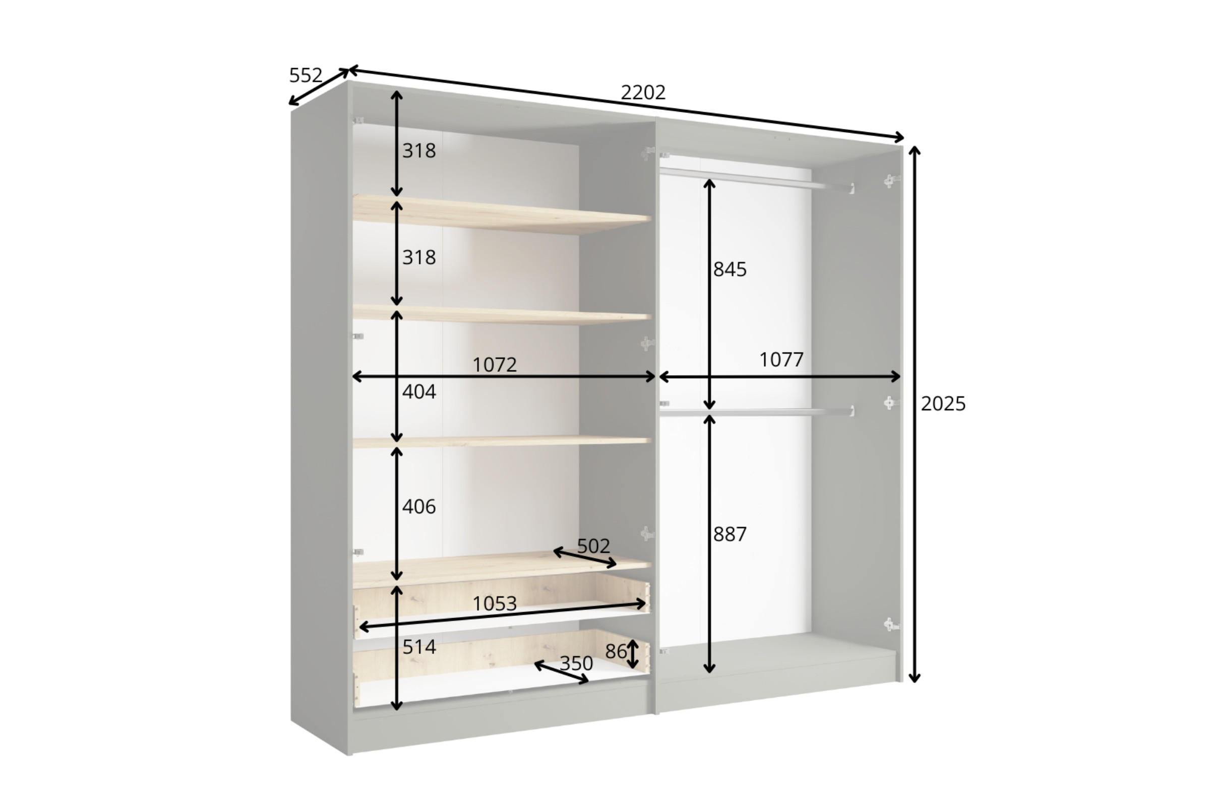 Deine Möbel 24 Kleiderschrank Graphit, Eiche Artisan 221x203x56 cm