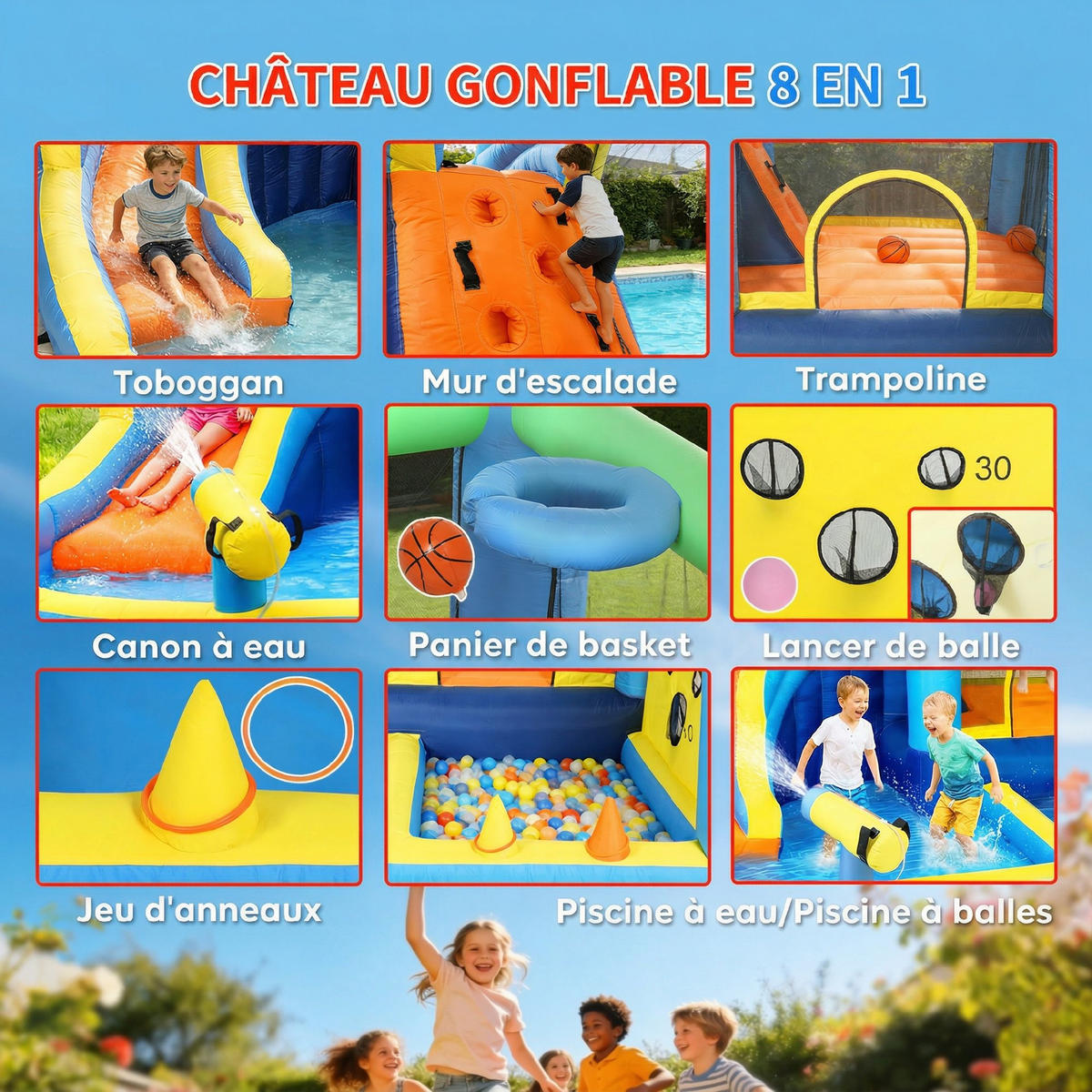 HÜPFBURG DE-18571 8-in-1 mit Gebläse, Wasserspielzeug & Trampolin - Multicolor, Kunststoff (350/320/190cm) - ComfortXL