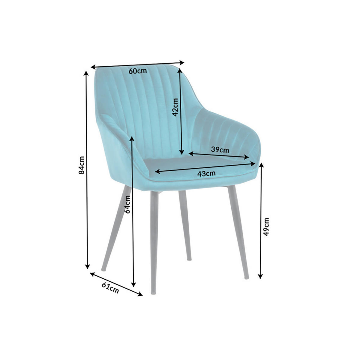 STUHL TURIN Samt Türkis 85 cm - Türkis/Schwarz, Textil/Metall (60/84/61cm) - riess-ambiente