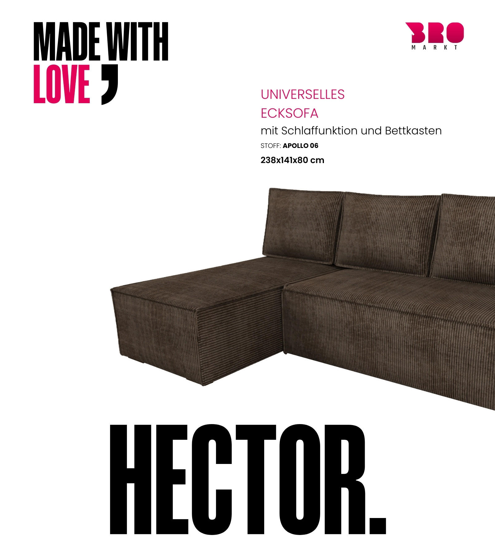 ECKSOFA Hector mit Schlaffunktion Braun Cord - Braun, Textil (200/141cm) - Bromarkt