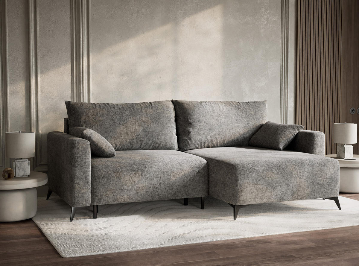 ECKSOFA MIT SCHLAFFUNKTION Leon Grau Chenille-Stoff - Schwarz/Grau, Holz/Holzwerkstoff (239/148cm) - Maison de Reve