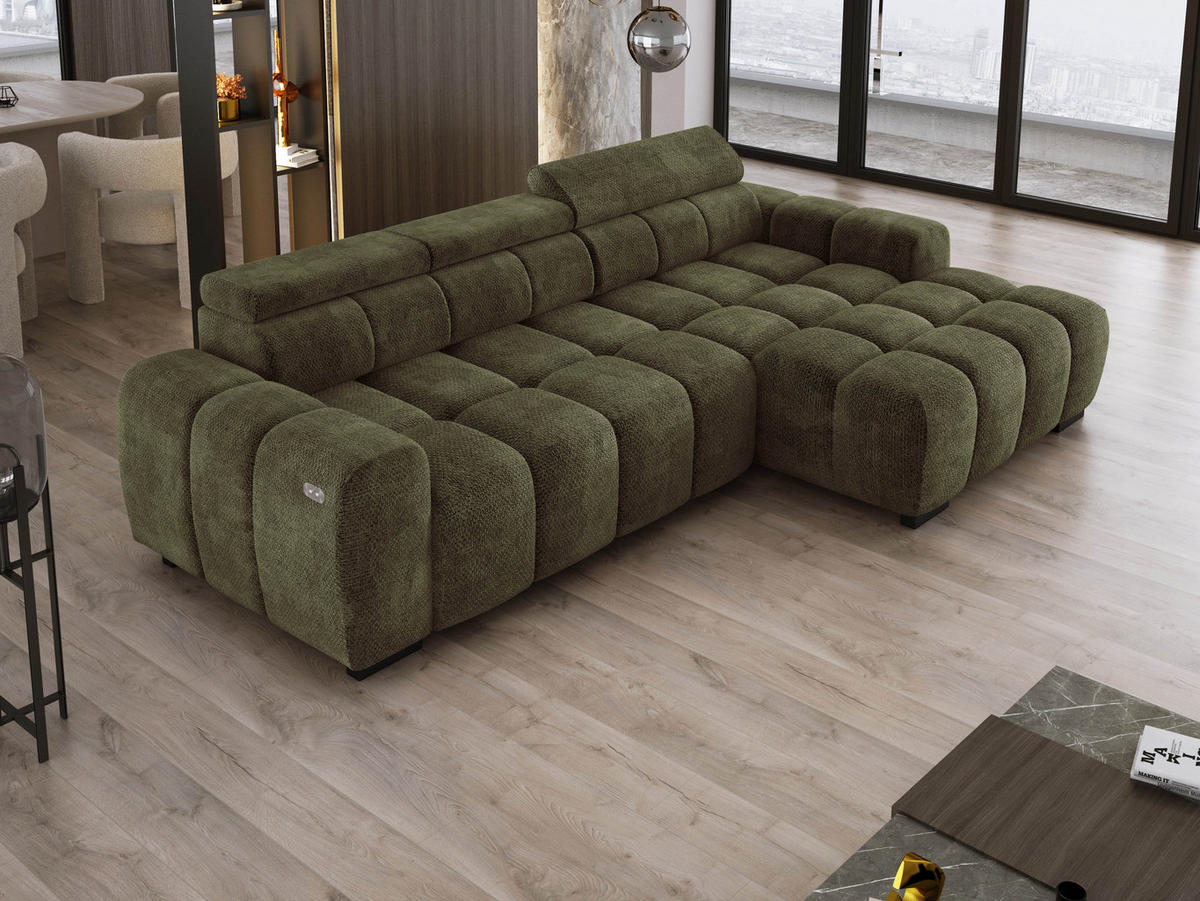 ECKSOFA OMBO 285x168x77/97 cm, Rechts, Schlaffunktion, elektr. Sitz, Kopfstützen, hydrophober EDEN-Stoff – Olivgrün - Olivgrün, Holz/Textil (285/168cm) - DomoHome
