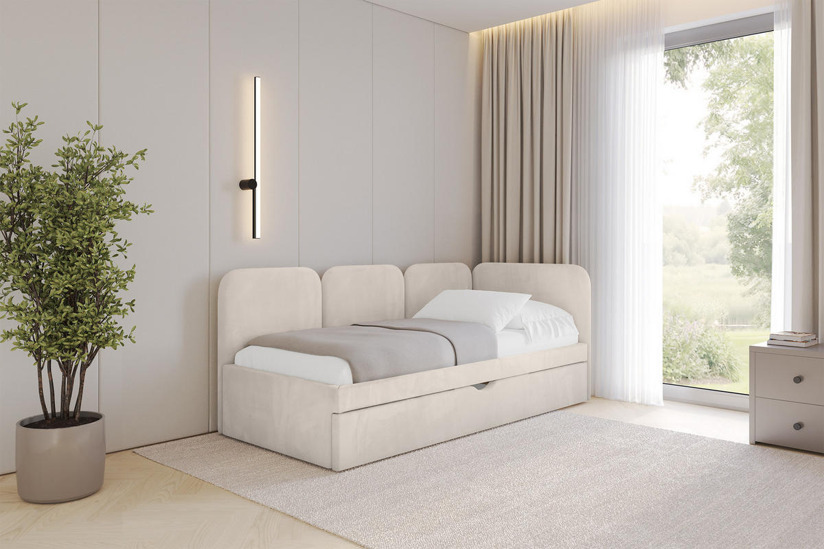 EINZELLBETT Jugendbett mit Bettkasten und Matratze H3/H4, Links - ALVY 100x200 Beige - Ecru, Holzwerkstoff/Textil (100/200cm) - ALTDECOR