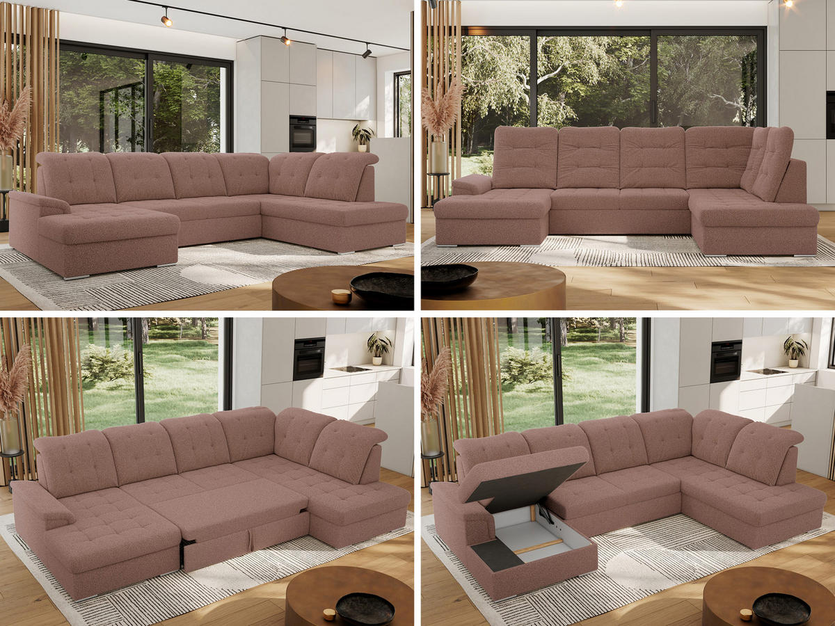 WOHNLANDSCHAFT MADRITO U - Rosa Boucle - Rechts - Silberfarben/Rosa, Textil/Metall (323/89/204cm) - MKS