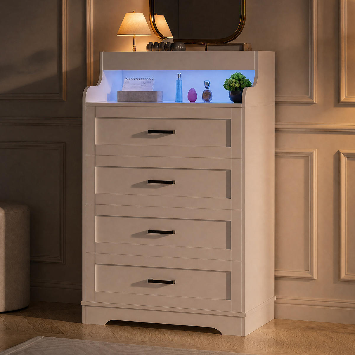 KOMMODE 4 Schubladen mit LED-Beleuchtung, skandinavisch, weiß - Weiß, Holz (73/114/39cm)