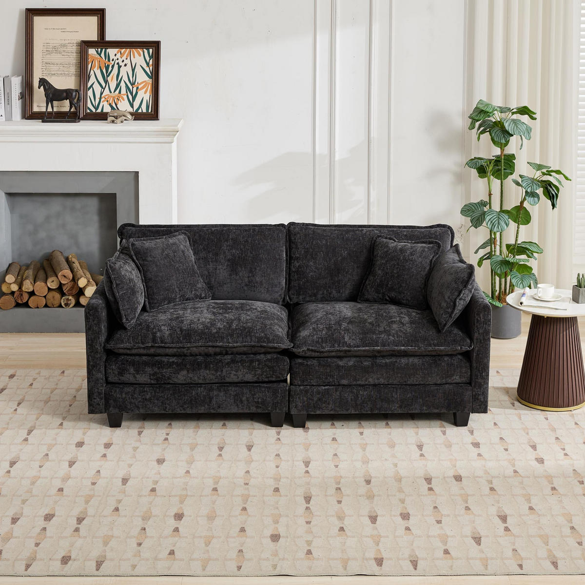 2-SITZER-SOFA aus Chenille 189x75x84 cm mit modularer Bauweise, schwarz - Schwarz, Textil (75/84/189cm)