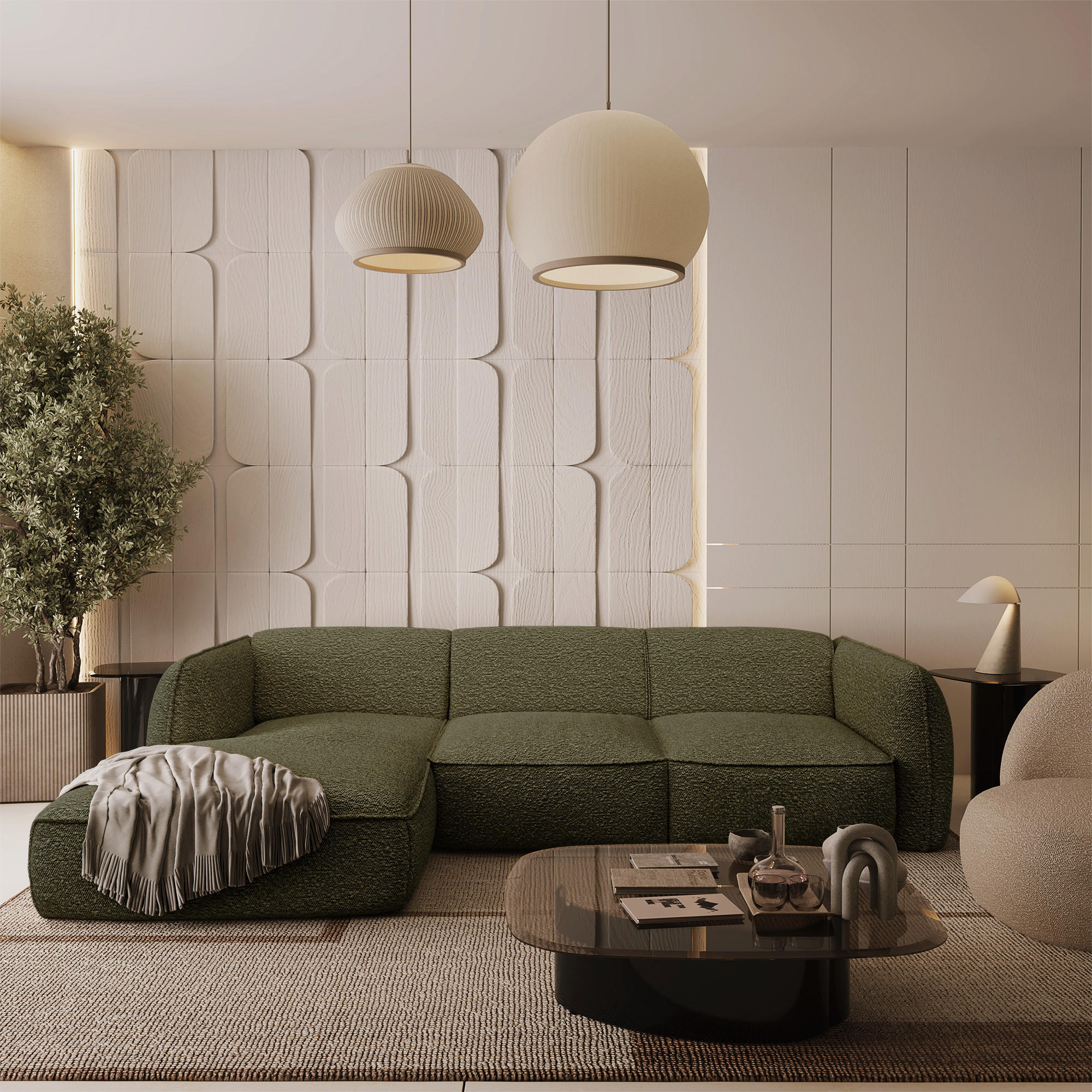 ECKSOFA LINKS Bouclé-Stoff Olivgrün 272cm - Olivgrün, Textil (165/272cm) - Sia Home
