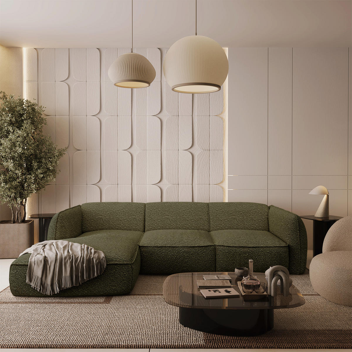 ECKSOFA LINKS Bouclé-Stoff Olivgrün 272cm - Olivgrün, Textil (165/272cm) - Sia Home