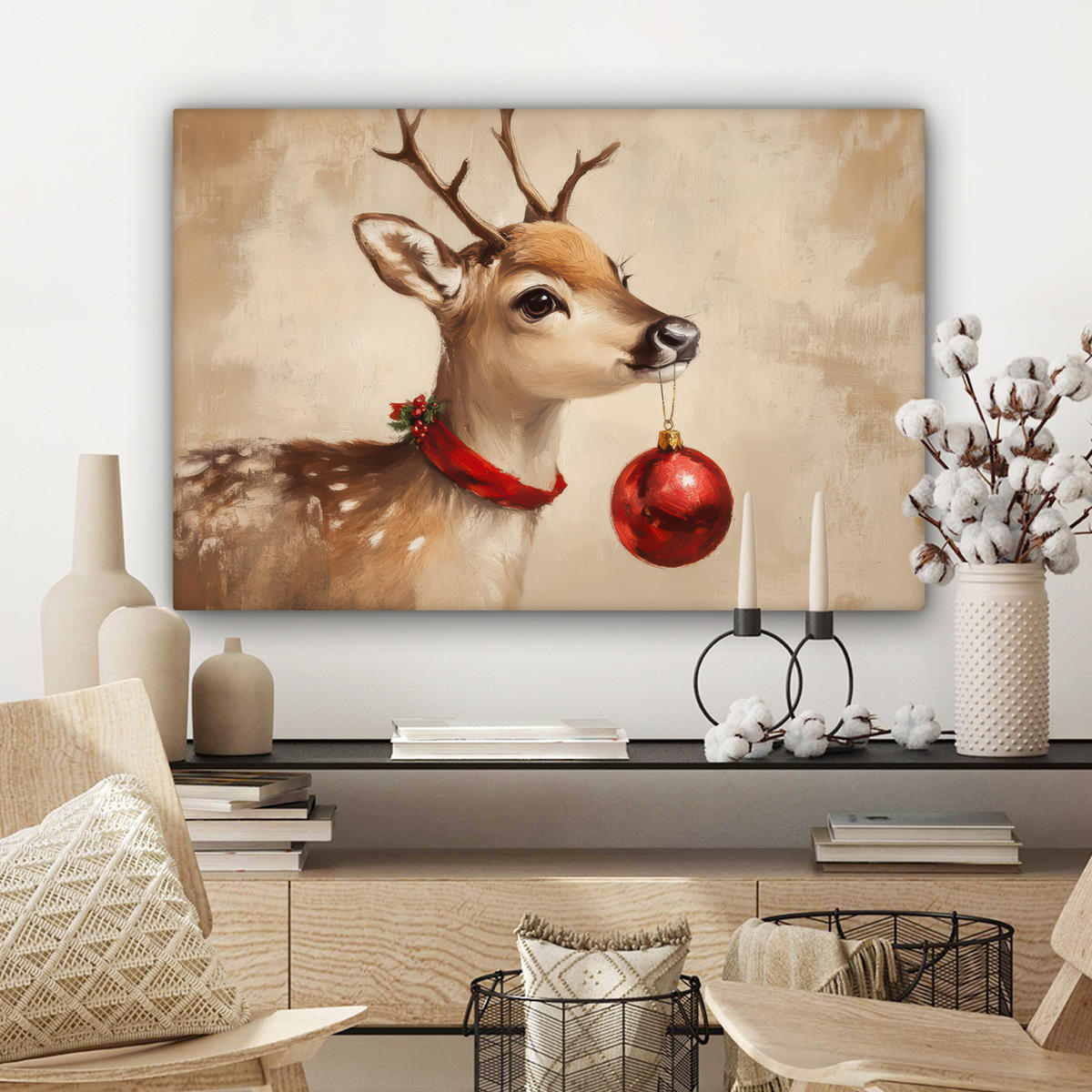 LEINWANDBILD Weihnachten - Hirsch - Geweih - Weihnachtskugel - Rentier Gemälde 60x40 cm - Hellbraun, Textil (60/40cm) - MuchoWow
