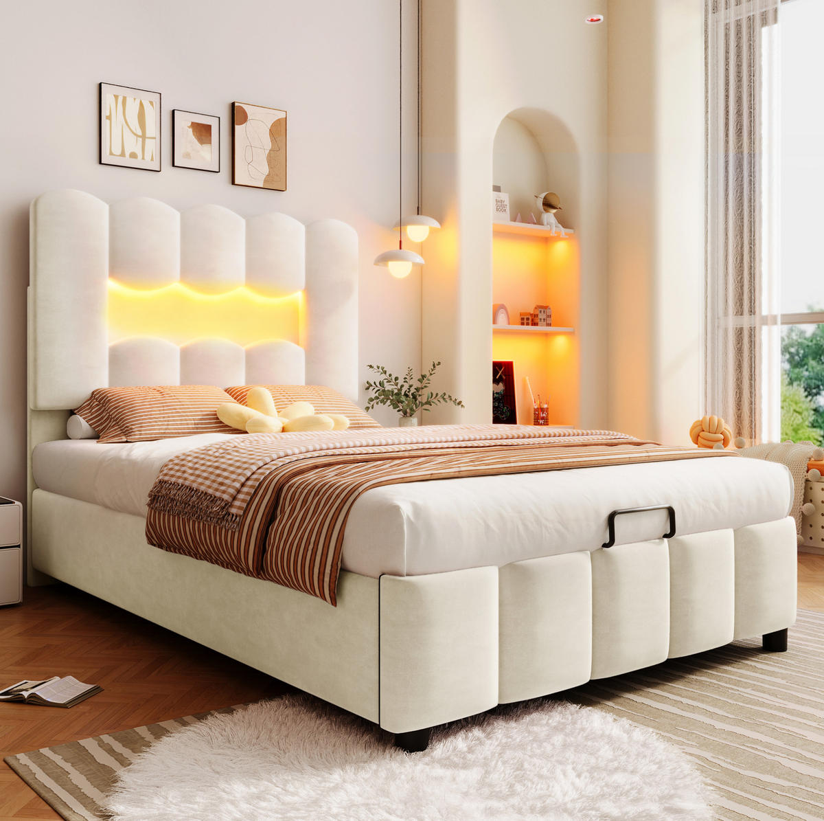 POLSTERBETT 90/200 cm in Beige mit Stauraum und LED-Beleuchtung - Beige, Textil (90/200cm) - Flora Grace
