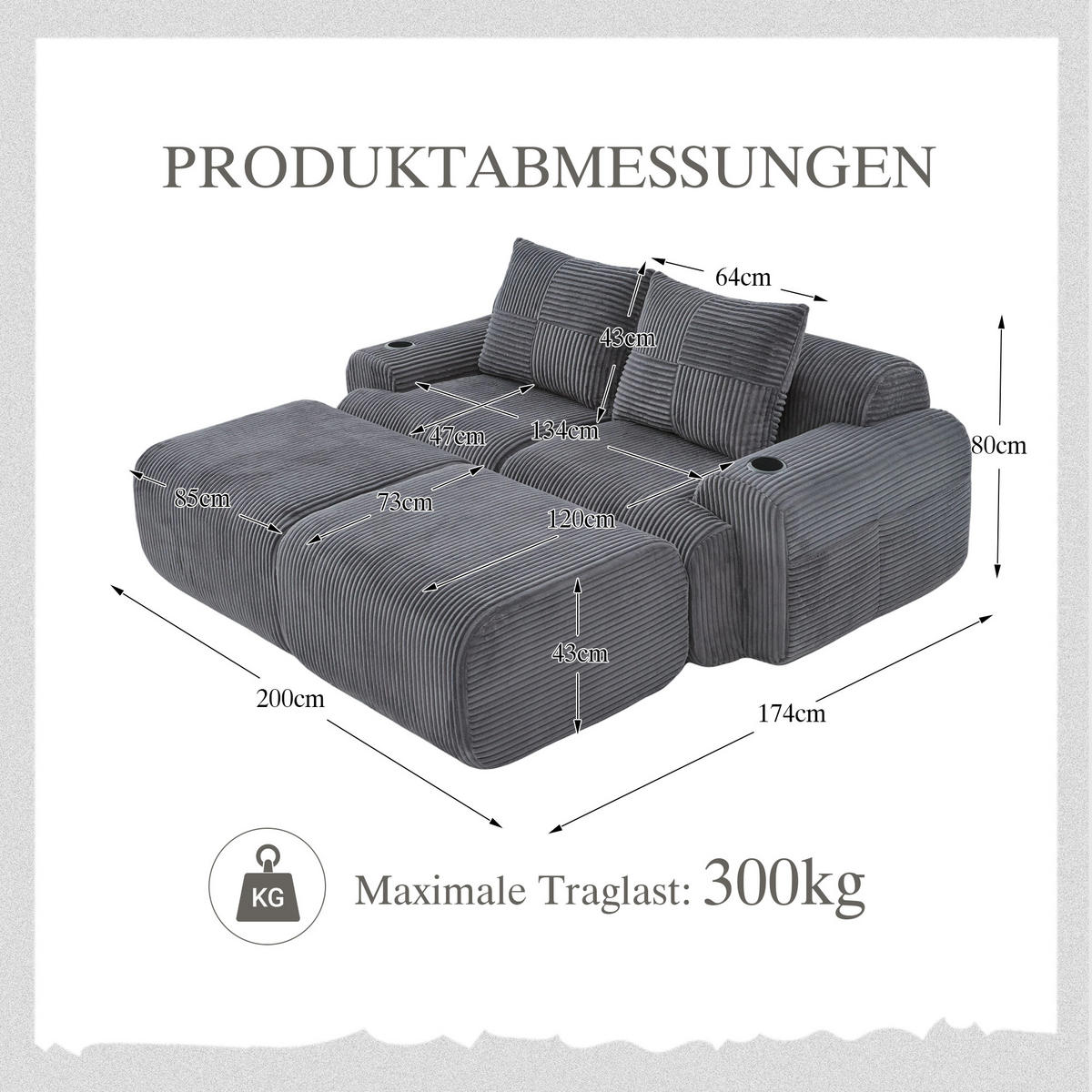 MODULARES 2-Sitzer Sofa Cordstoff mit Getränkehalter und Seitentasche 200/174/80 cm Dunkelgrau - Dunkelgrau, Textil (174/80/200cm) - Redom