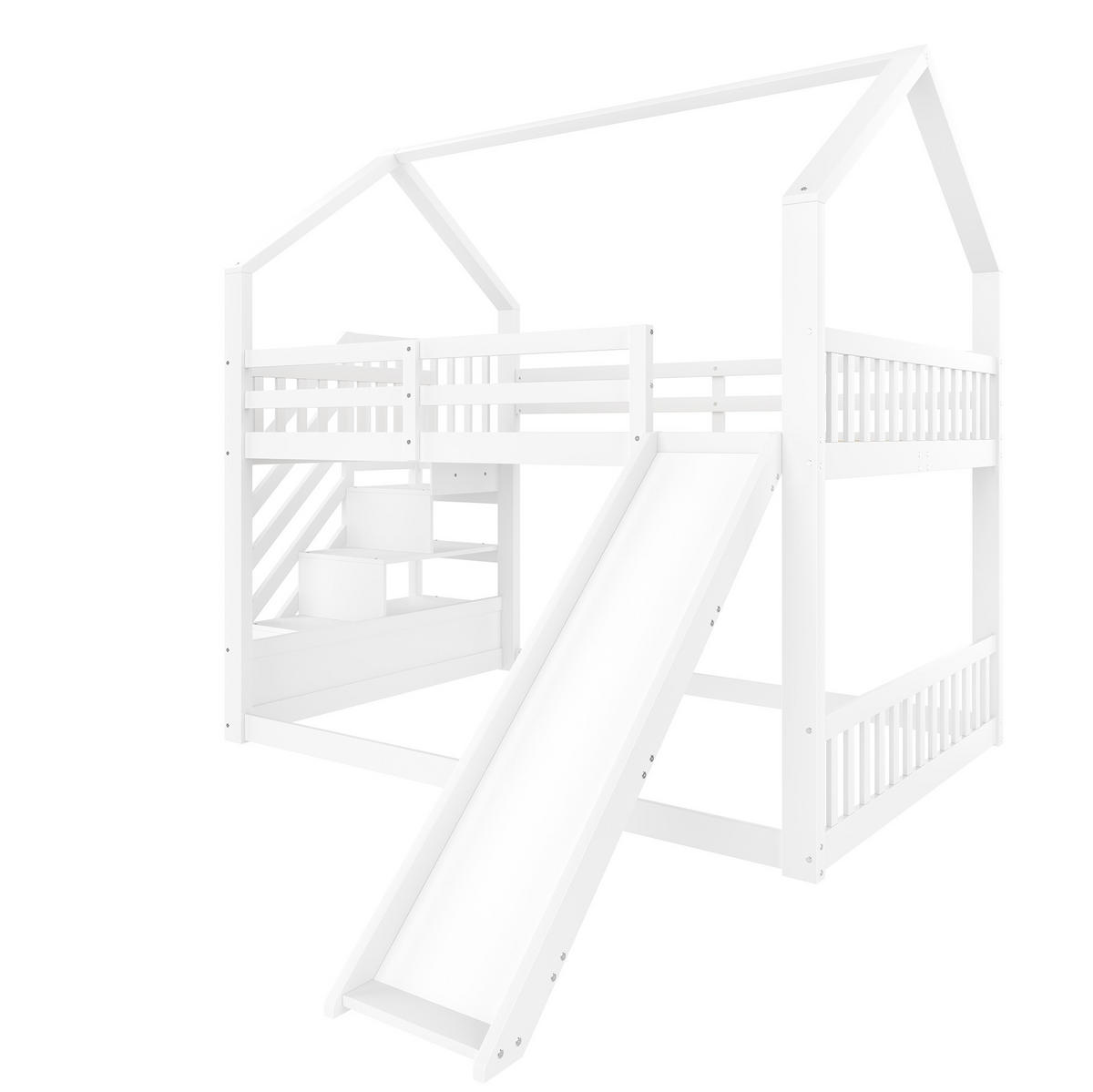 ETAGENBETT aus Kiefernholz und MDF 140x200 cm Weiß mit Stauraumtreppe und Rutsche - Weiß, Holzwerkstoff (140/200cm) - IVMEU