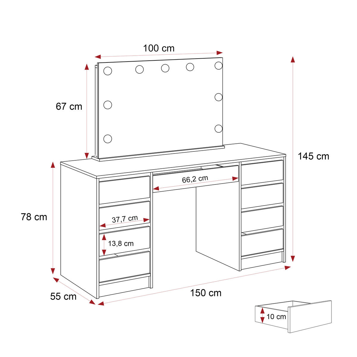 SCHMINKTISCH BELLA DOPPIO 150/55/145 cm, mit LED-Spiegel, Weiß - Weiß, Holzwerkstoff (150/145/55cm) - Idohome